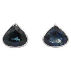 3.93 Carat Blue Sapphire Pear Shape Stud Earrings in 18K Solid White Gold