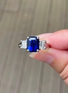 J. Birnbach 3.93 carat Blue Sapphire and Emerald Cut Diamond Three Stone Ring