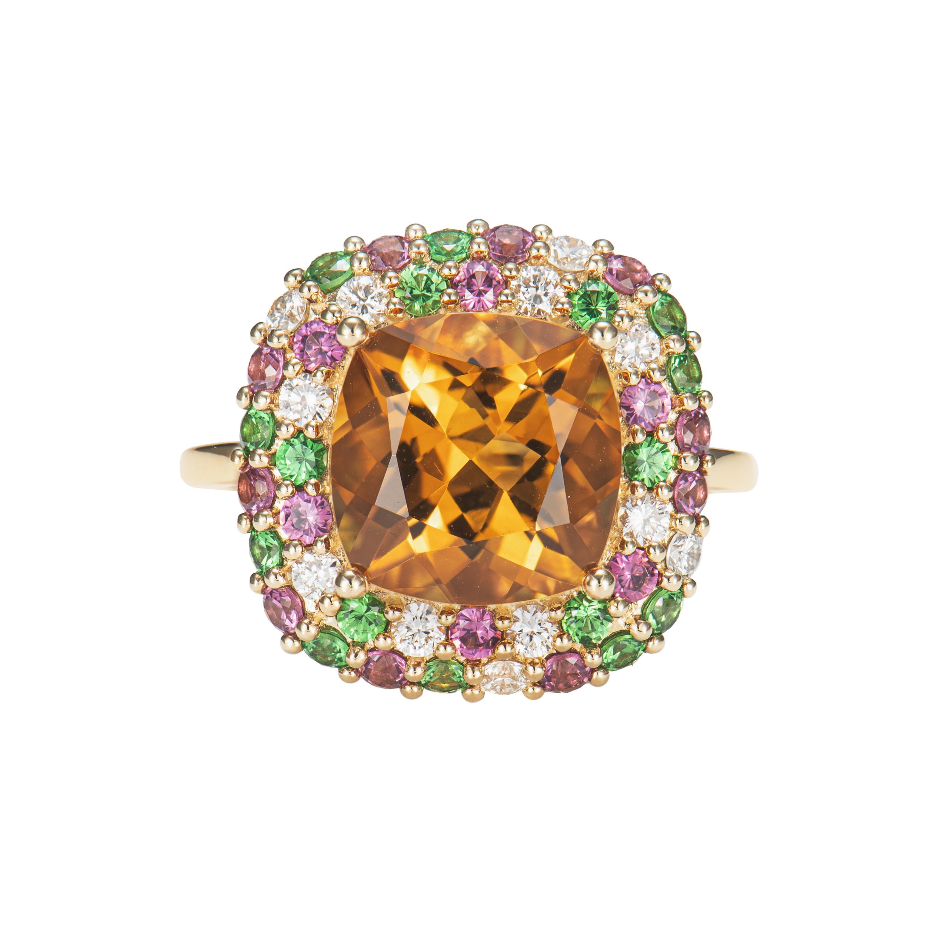 Contemporary 3.93 Carat Citrine Cocktail Ring in 14KRG with Tsavorite, Rhodolite and Diamond. For Sale