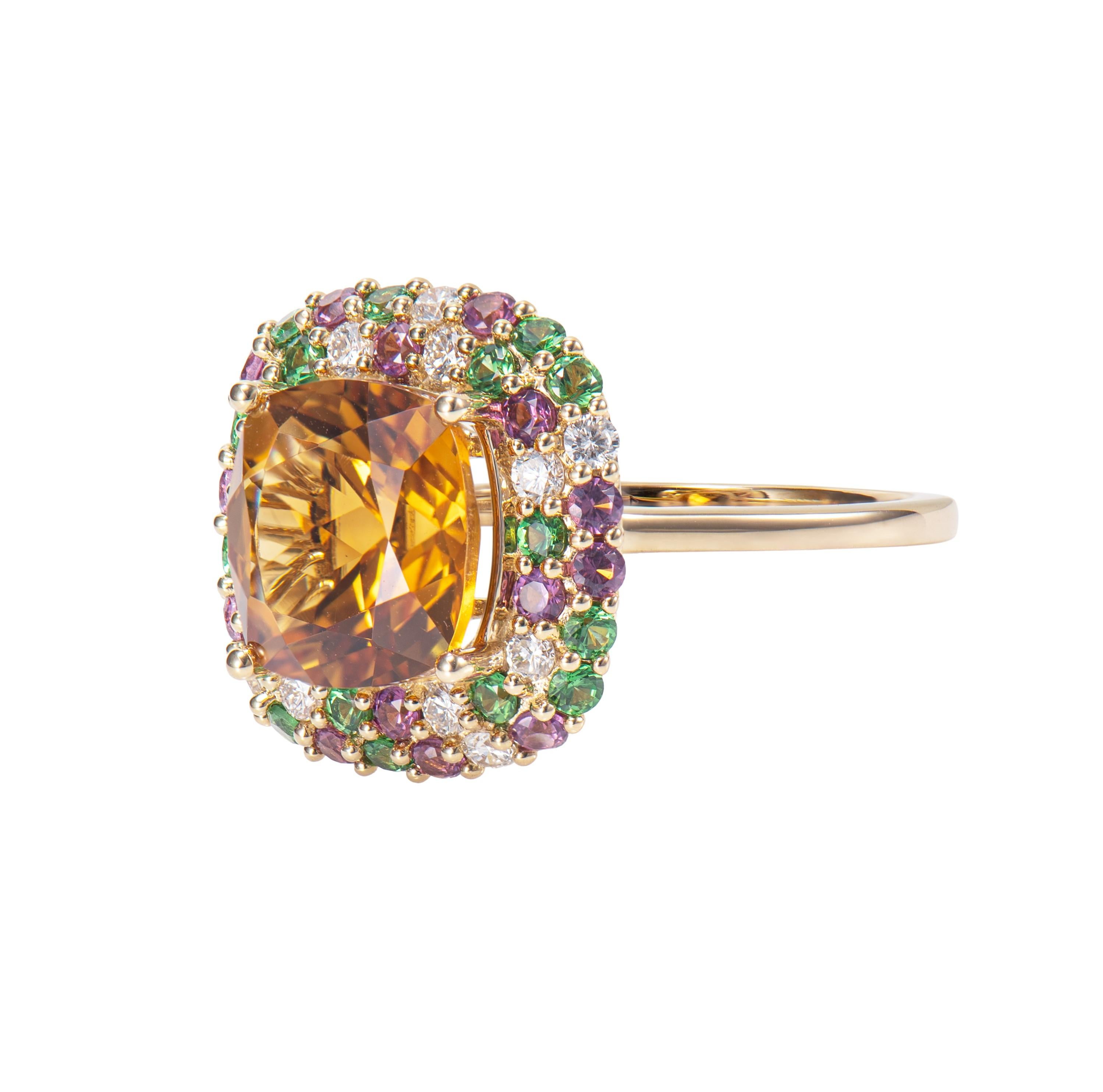 Cushion Cut 3.93 Carat Citrine Cocktail Ring in 14KRG with Tsavorite, Rhodolite and Diamond. For Sale