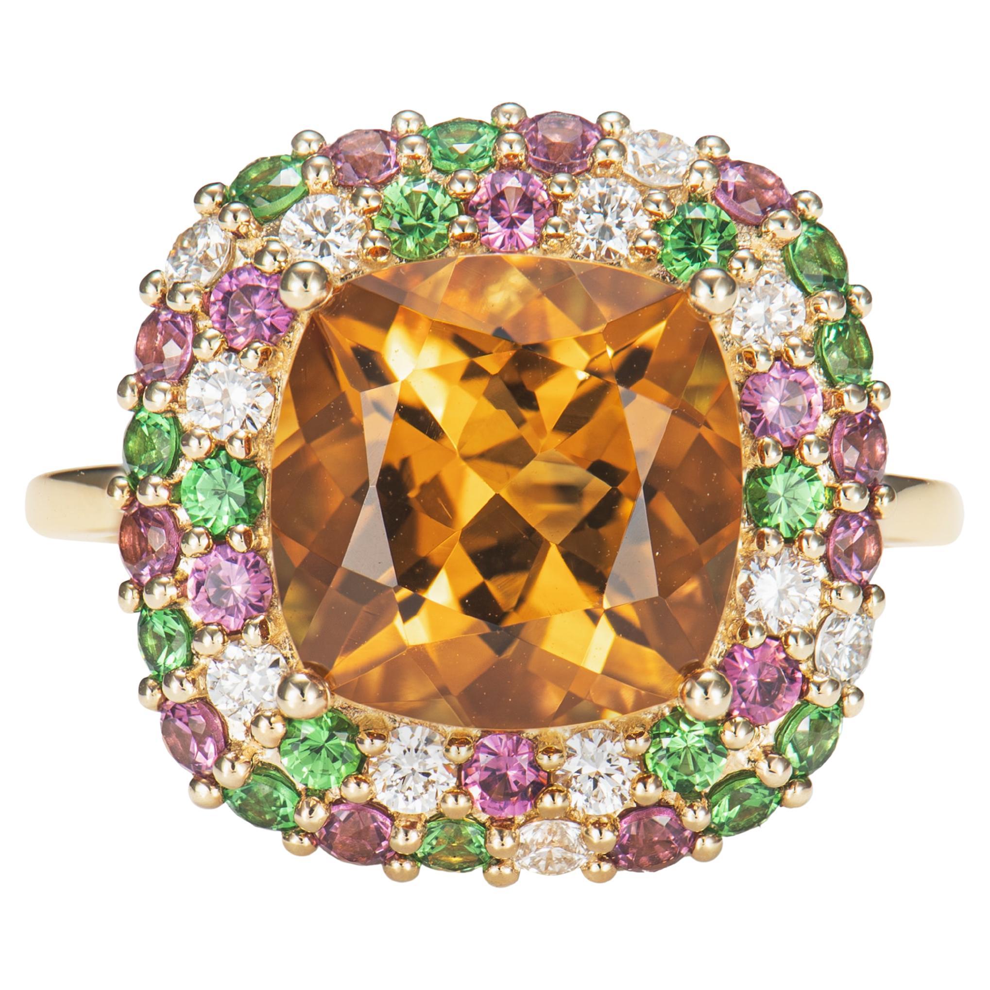 3.93 Carat Citrine Cocktail Ring in 14KRG with Tsavorite, Rhodolite and Diamond.