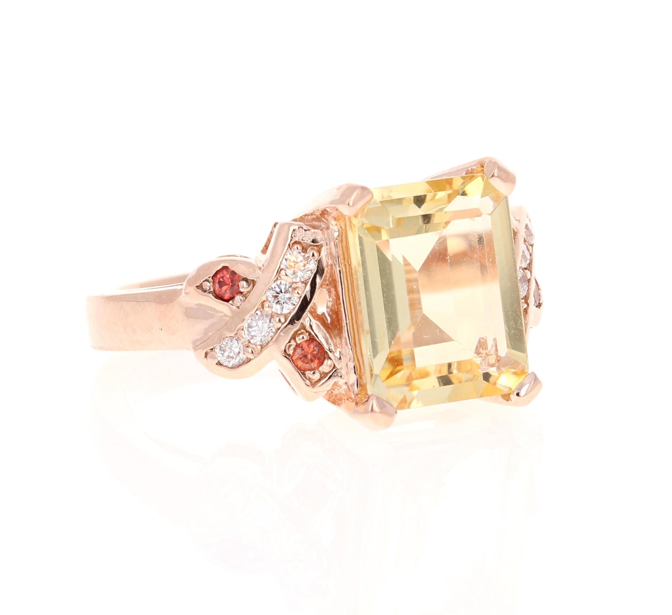 3.93 Carat Citrine Sapphire Diamond Rose Gold Bridal Ring

This gorgeous ring has a beautiful Emerald Cut Citrine Quartz weighing 3.63 Carats and is surrounded by 4 Round Cut Orange Sapphires weighing 0.13 Carats and 8 Round Cut Diamonds weighing