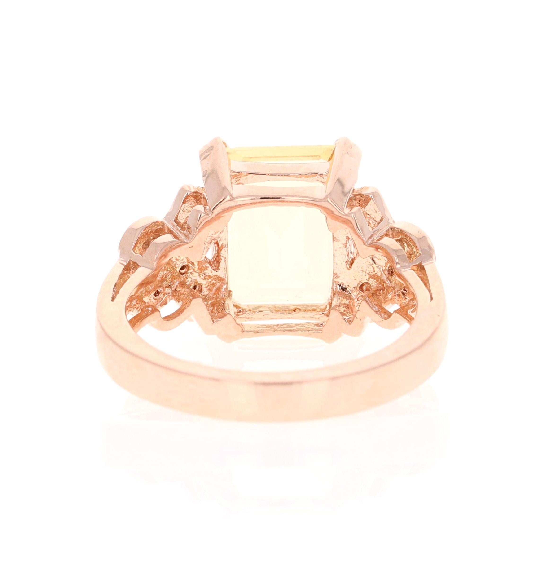 Emerald Cut 3.93 Carat Citrine Sapphire Diamond Rose Gold Bridal Ring For Sale