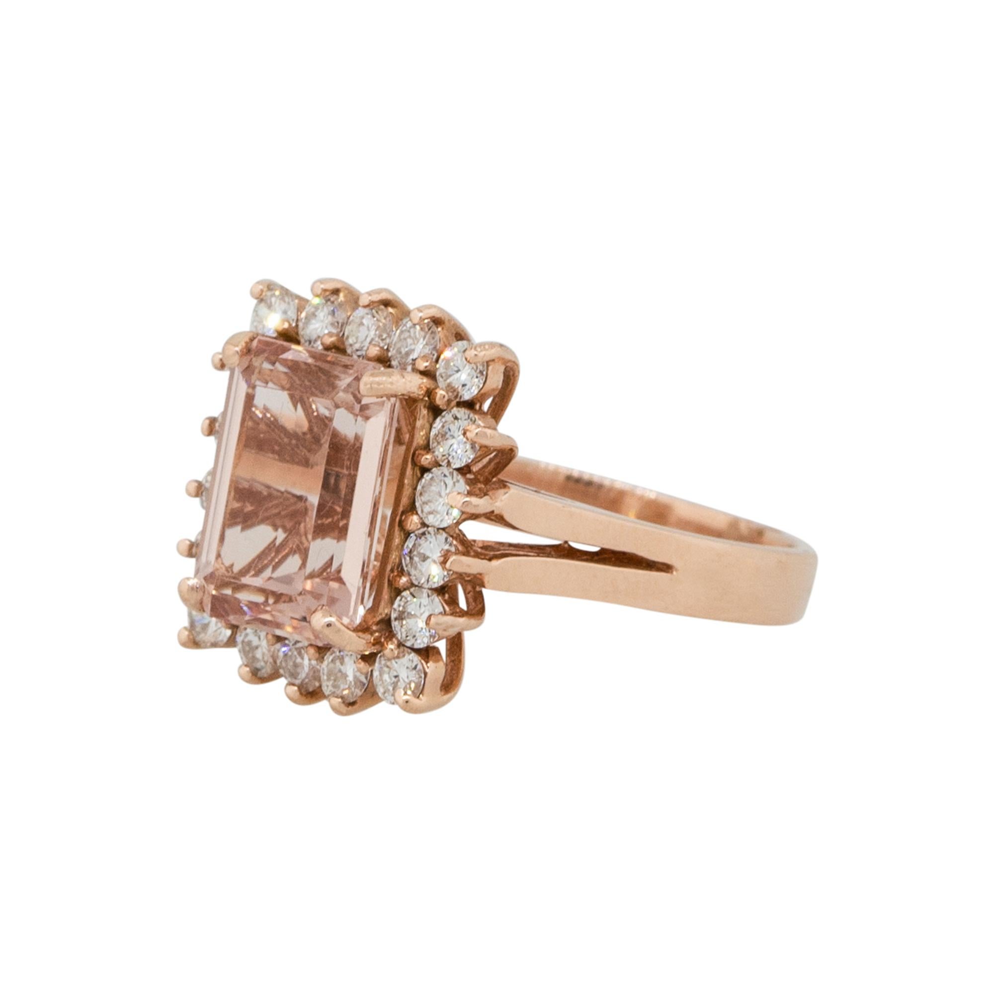 Material: 14k Rose Gold
Diamond Details: Approx. 0.88ctw of round cut Diamonds. Diamonds are G/H in color and VS in clarity
Gemstone Details: Approx. 3.93ctw emerald cut Morganite gemstone
Size: 7
Total weight: 6.2g (4.0dwt)
Measurements: 0.75