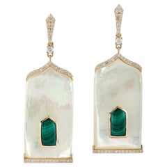 3.93 Carat Malachite Mother of Pearl Diamond 18 Karat Gold Earrings