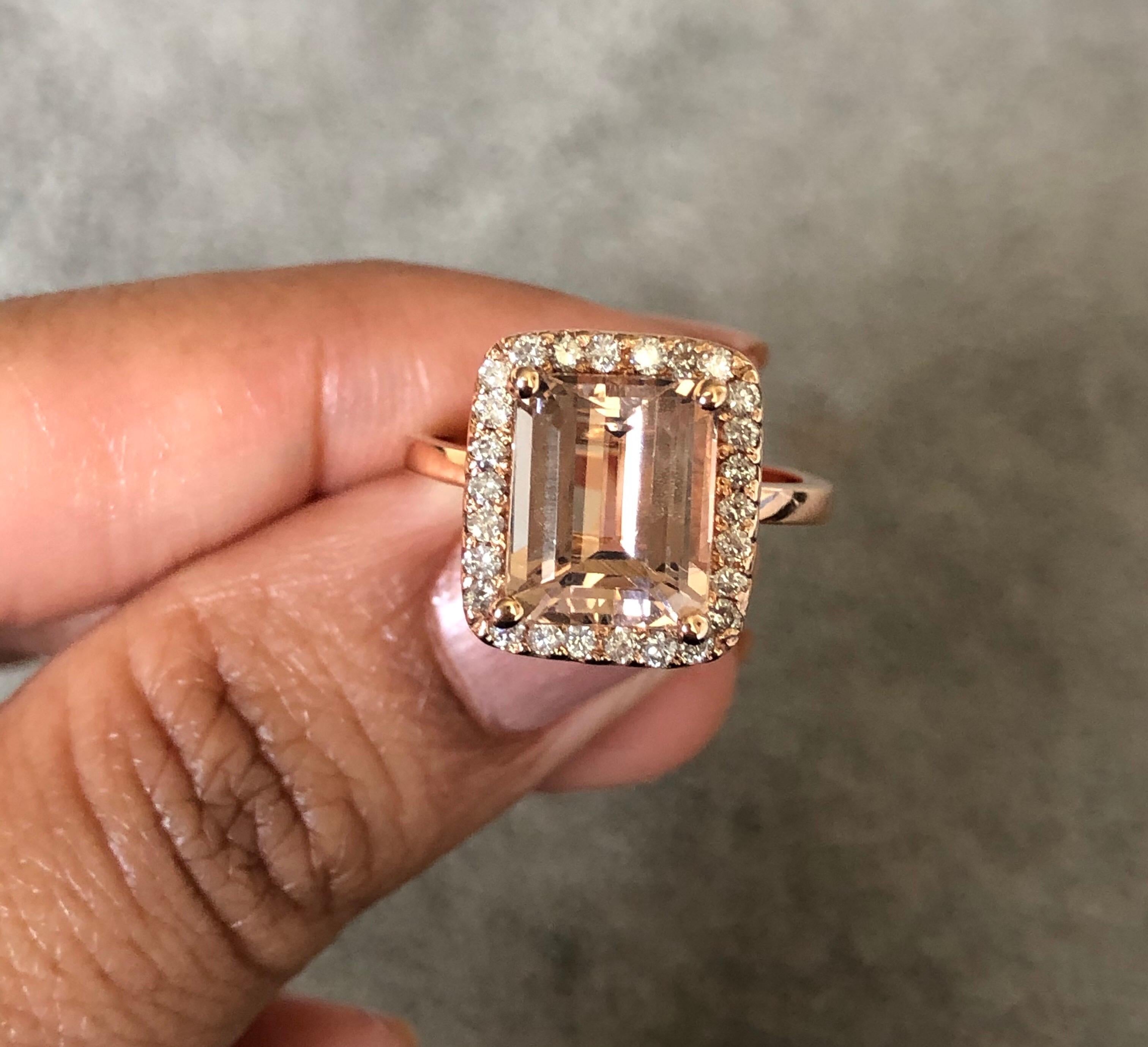 Emerald Cut 3.93 Carat Morganite Diamond 14 Karat Rose Gold Cocktail Ring