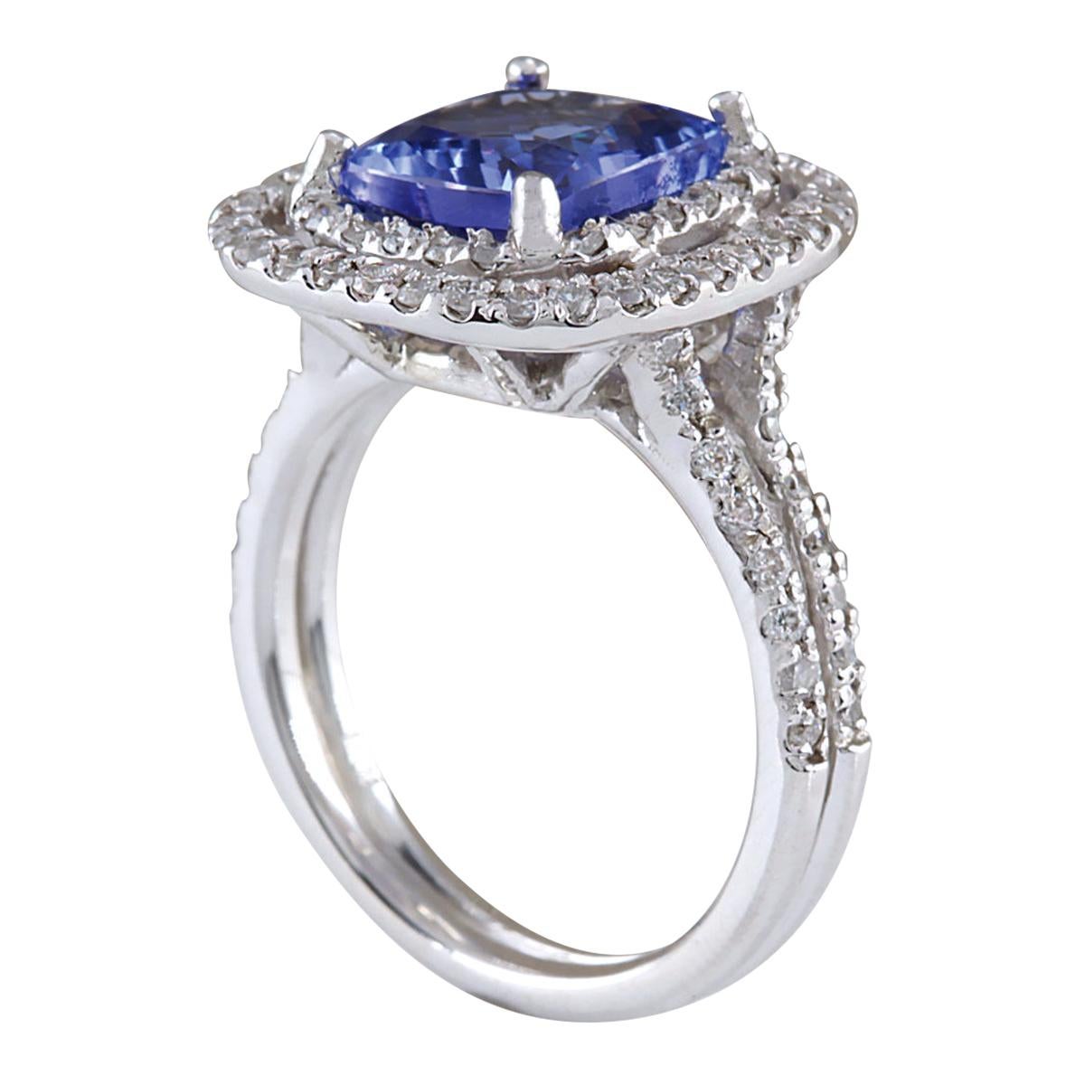 Cushion Cut Natural Tanzanite Diamond Ring In 14 Karat White Gold For Sale