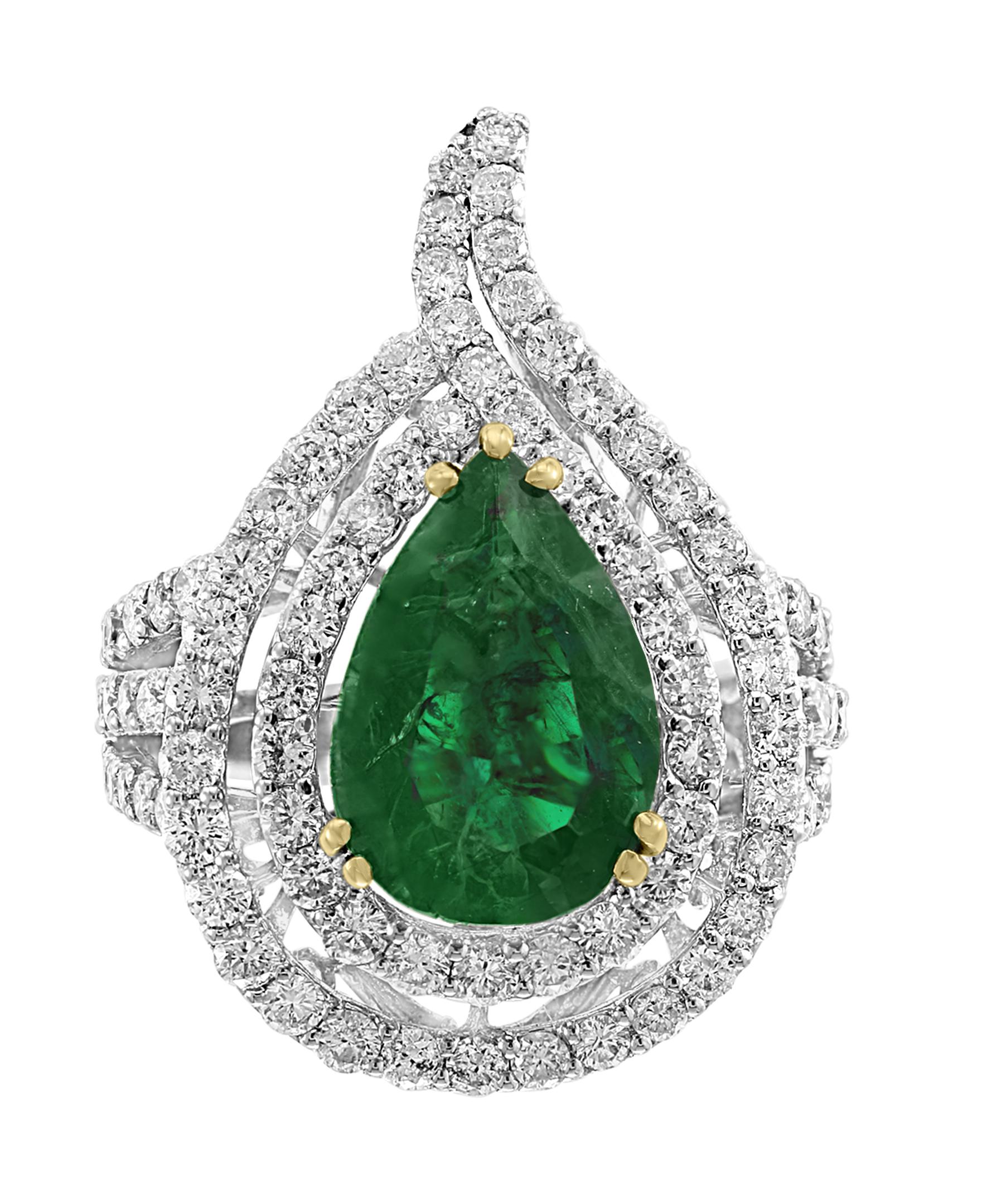 Pear Cut 3.93 Carat Pear Colombian Emerald and Diamond 18 Karat White Gold Ring Estate For Sale