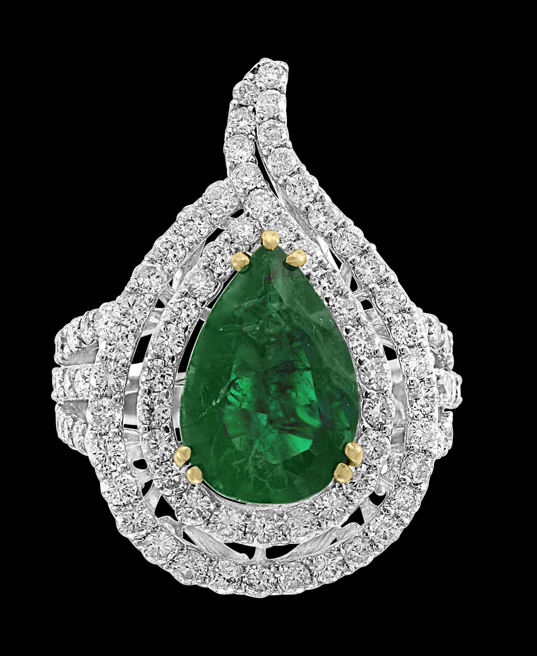 3.93 Carat Pear Colombian Emerald and Diamond 18 Karat White Gold Ring Estate In Excellent Condition For Sale In New York, NY