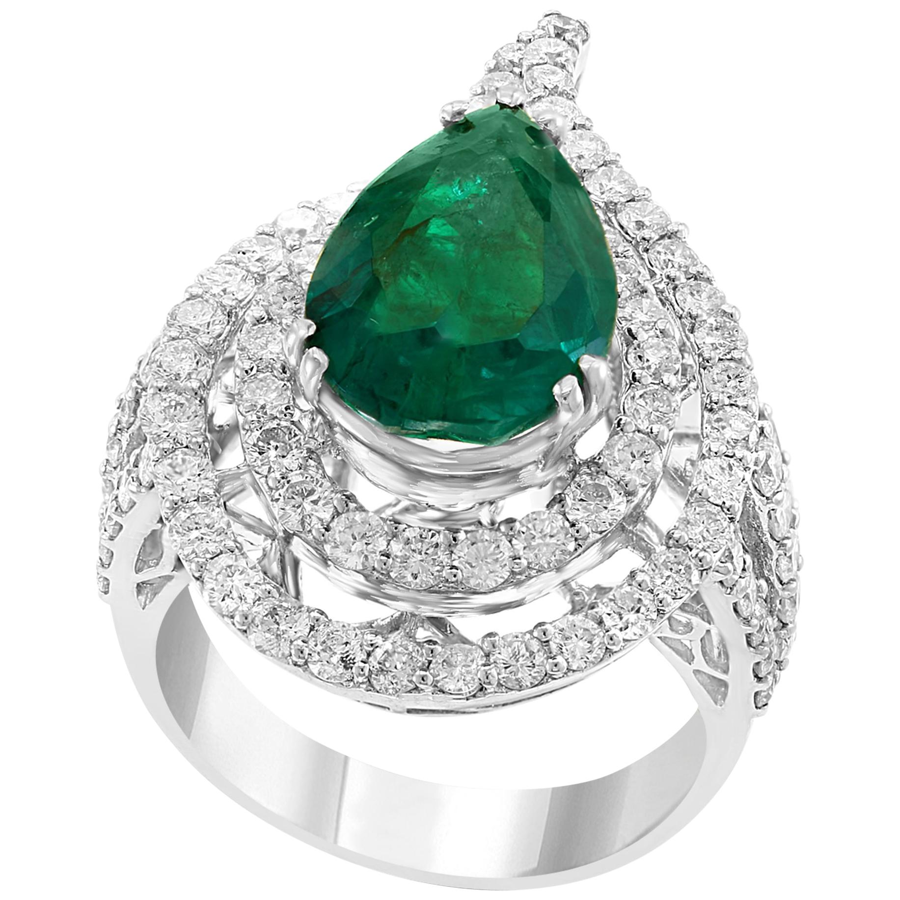 3.93 Carat Pear Colombian Emerald and Diamond 18 Karat White Gold Ring Estate For Sale