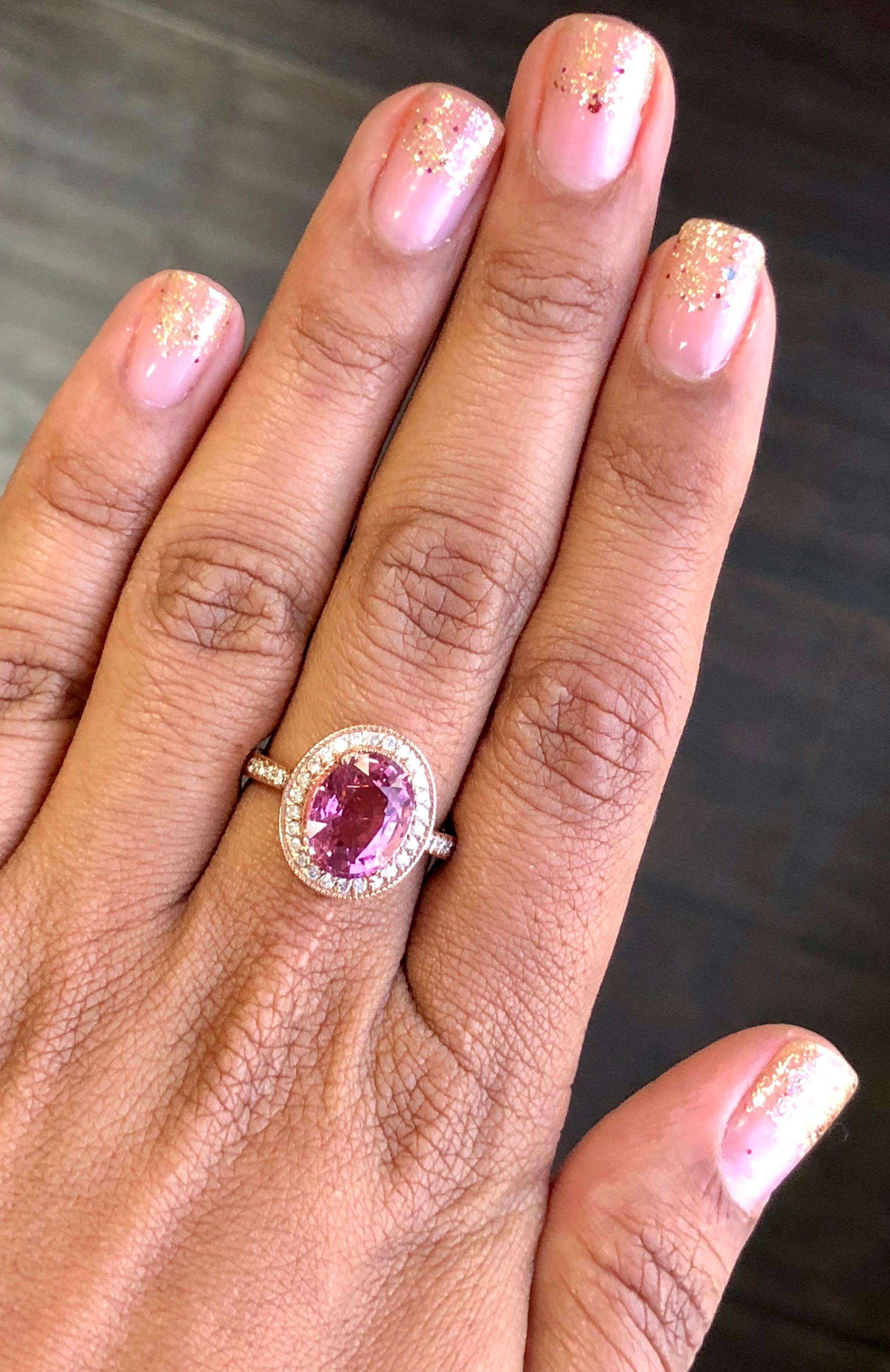 Oval Cut 3.93 Carat Pink Tourmaline Diamond 14 Karat Rose Gold Ring For Sale