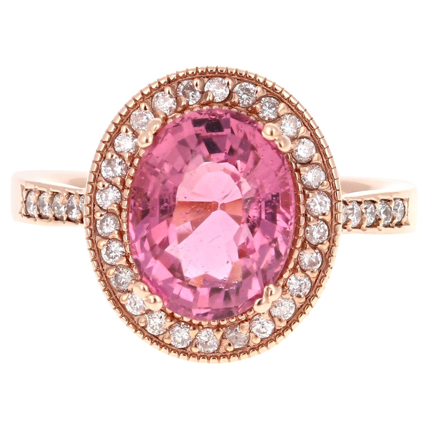 3.93 Carat Pink Tourmaline Diamond 14 Karat Rose Gold Ring For Sale