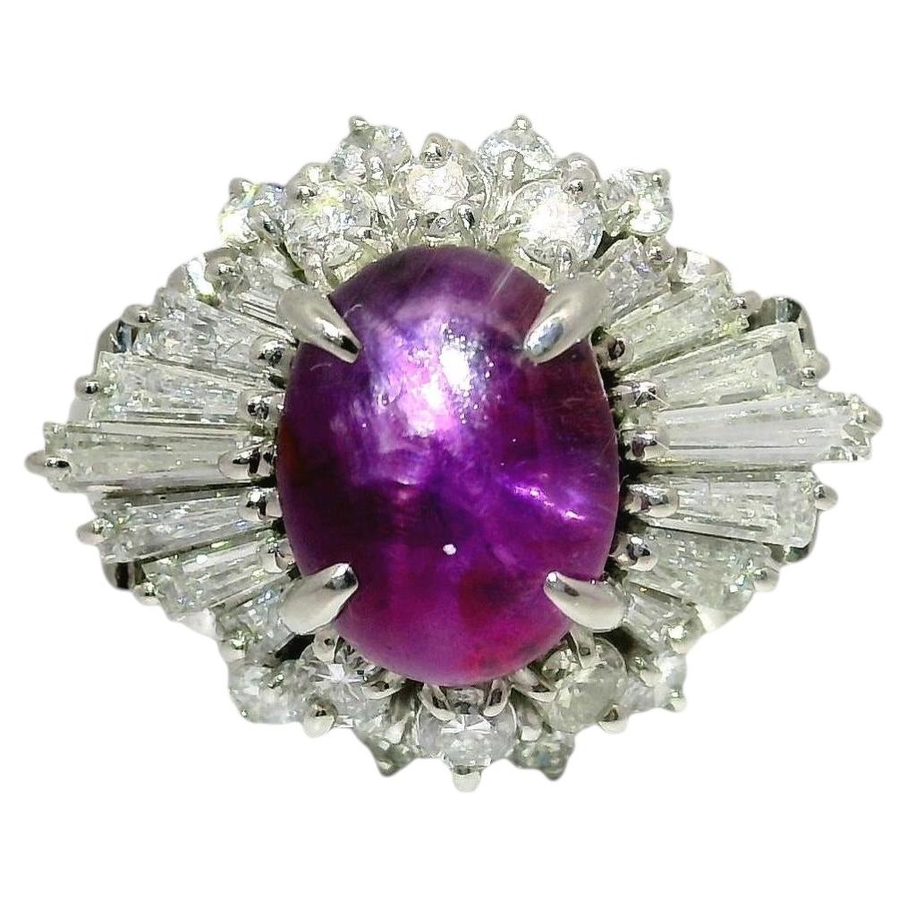 3.93 Carat Purple Star Sapphire Diamond Platinum Burst Ring For Sale