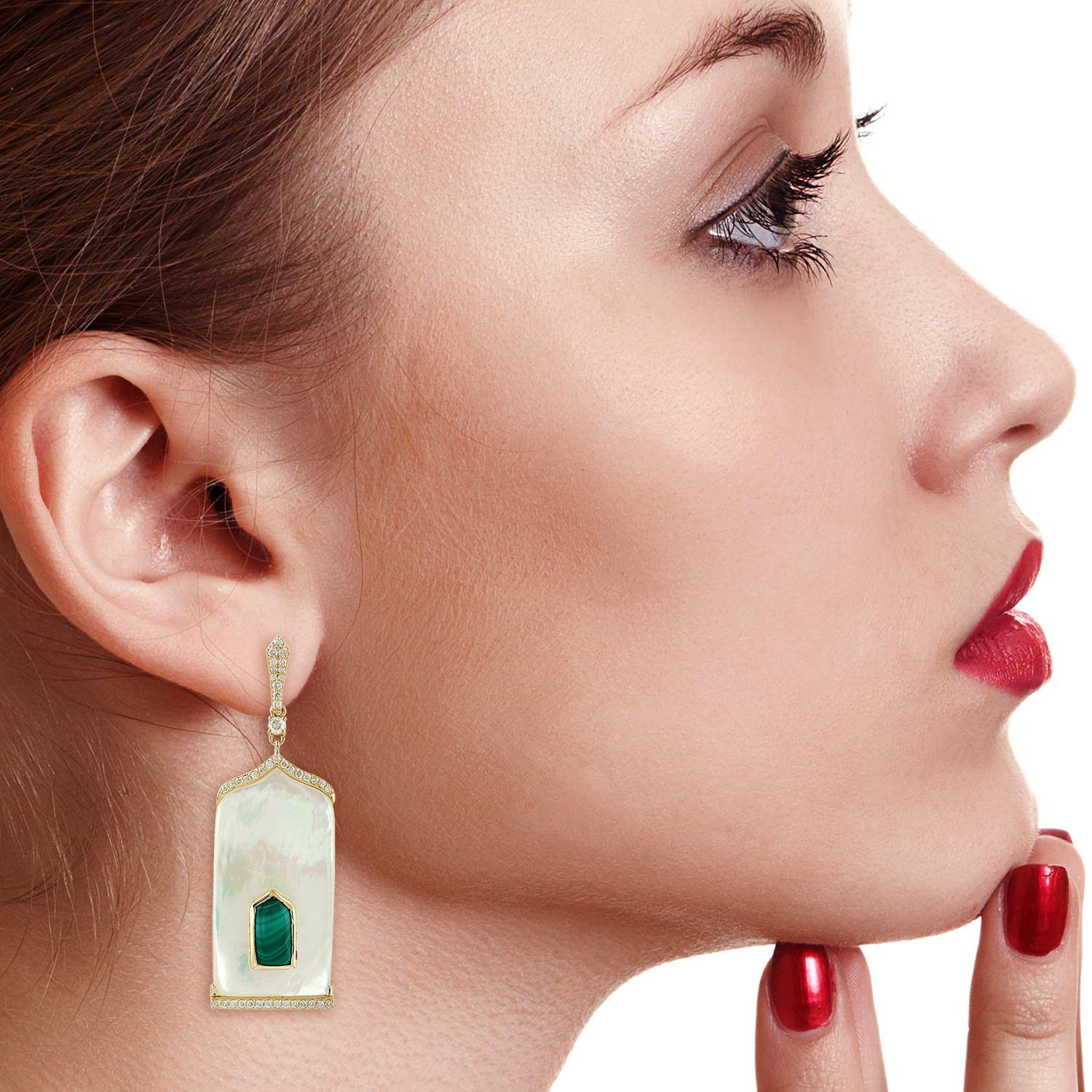 Mixed Cut 3.93 Carat Malachite Mother of Pearl Diamond 18 Karat Gold Earrings For Sale