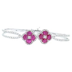 3.93ctw. Ruby & Diamond Clover 14k Solid Gold Open Cuff Bangle