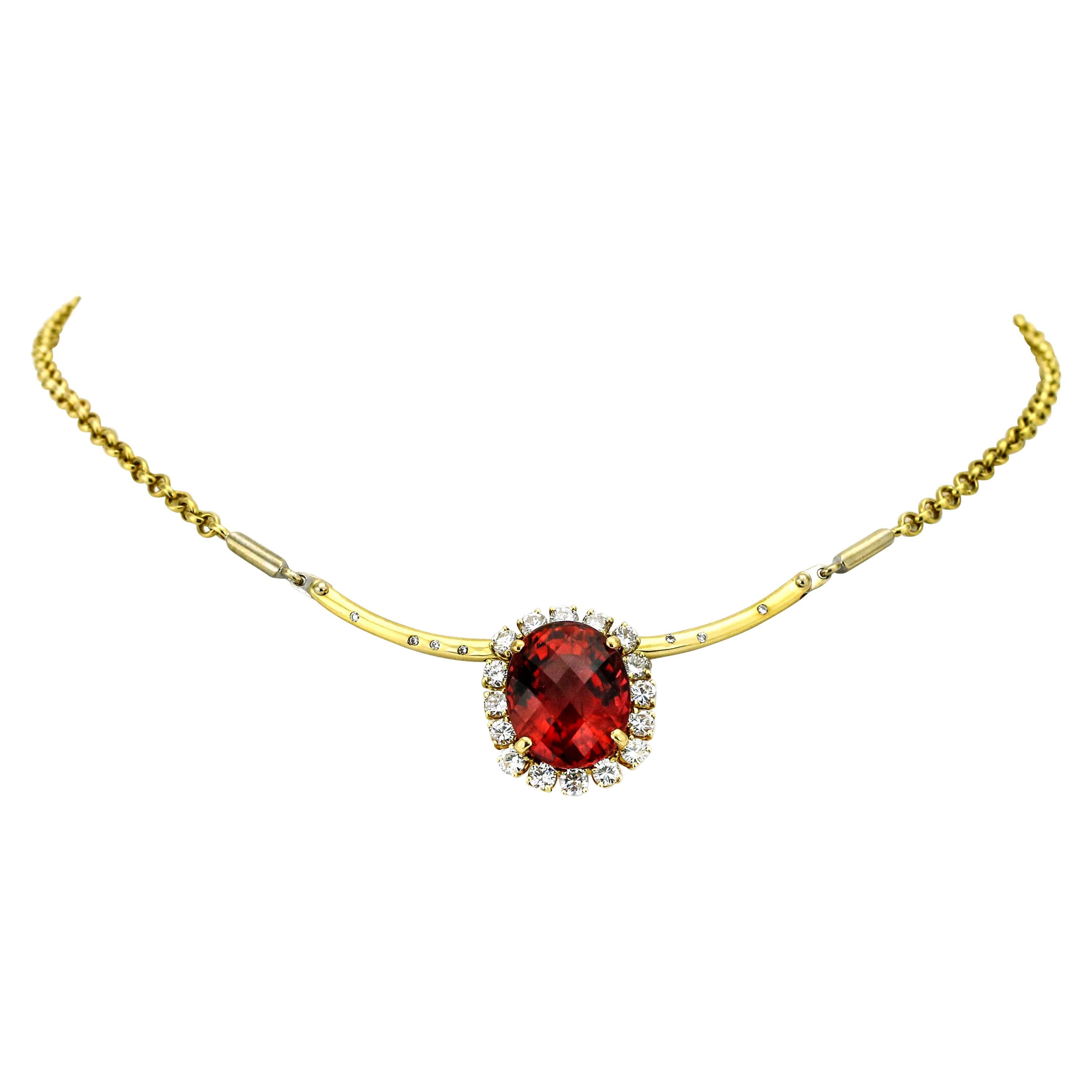 39.34 Carat 18 Karat Yellow Gold Rubellite Tourmaline Diamond Pendant Necklace For Sale