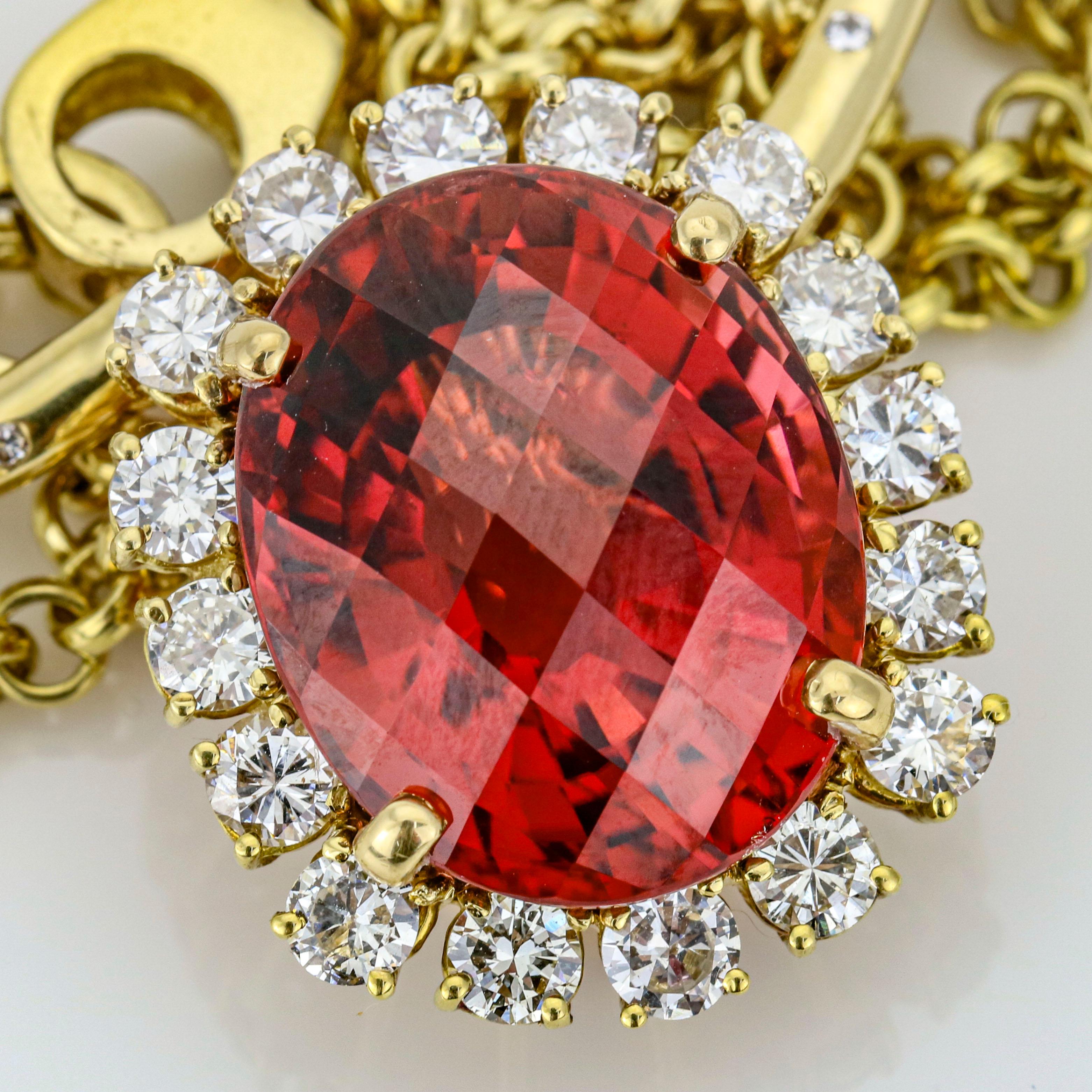 39.34 Carat 18 Karat Yellow Gold Rubellite Tourmaline Diamond Pendant Necklace For Sale 5