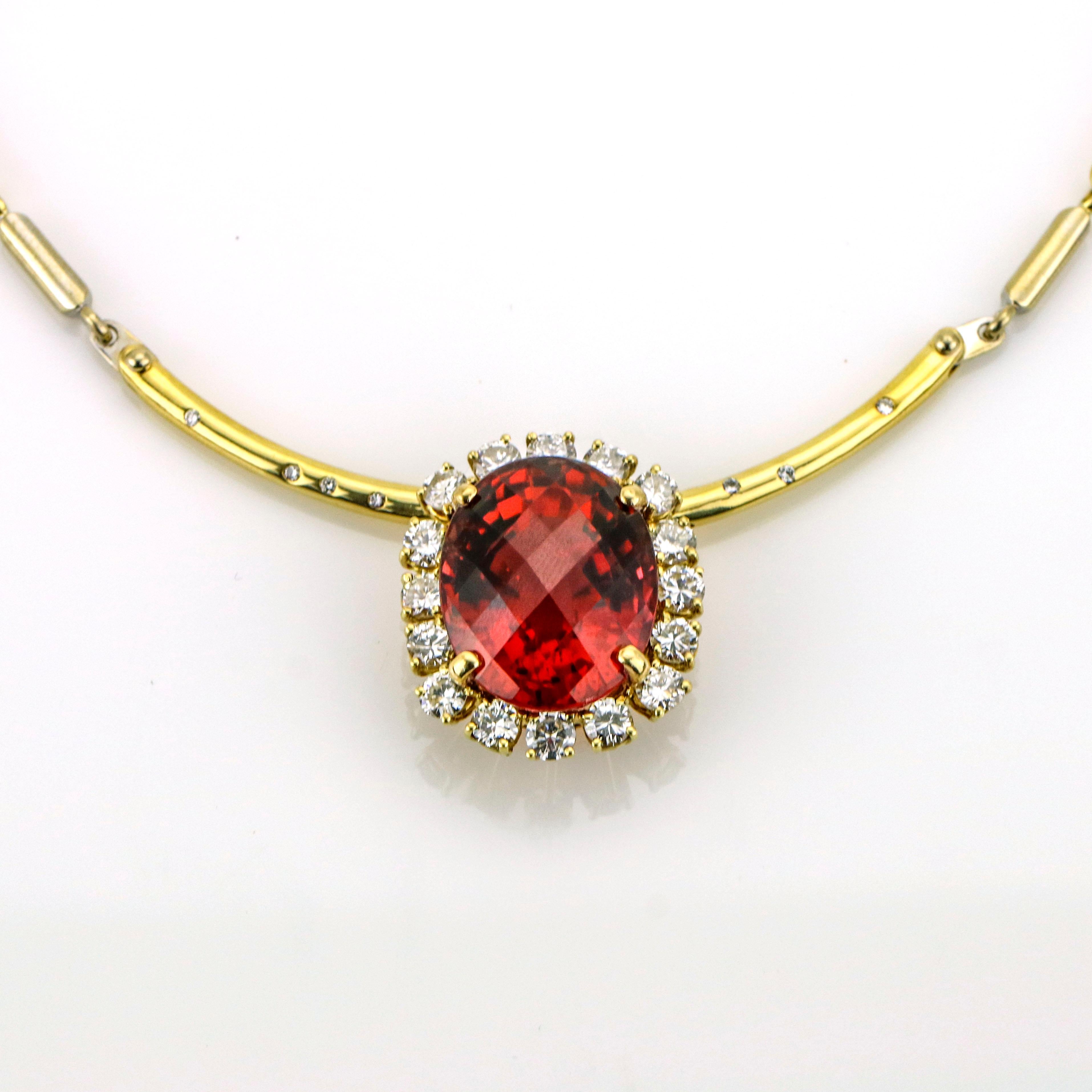Oval Cut 39.34 Carat 18 Karat Yellow Gold Rubellite Tourmaline Diamond Pendant Necklace For Sale