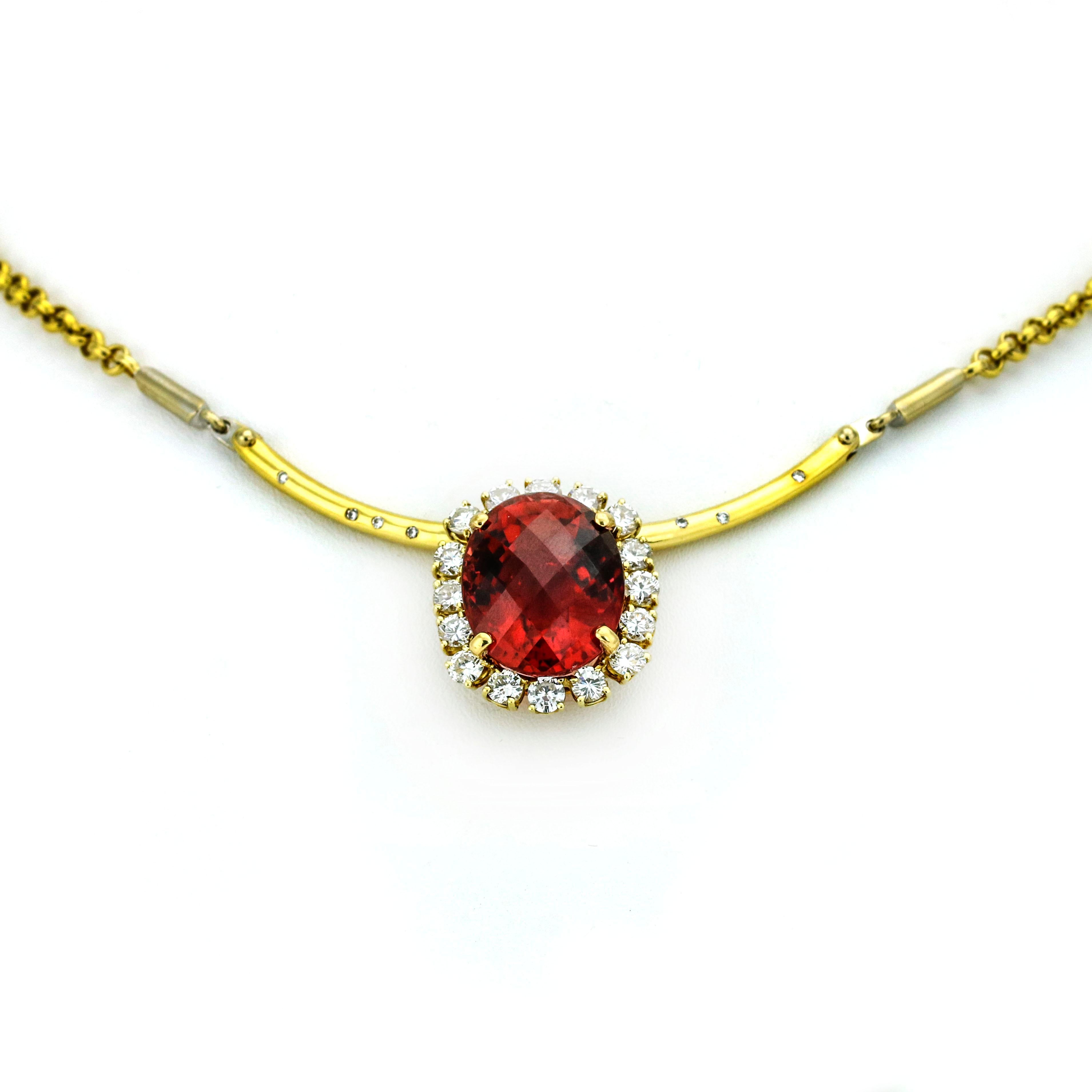 39.34 Carat 18 Karat Yellow Gold Rubellite Tourmaline Diamond Pendant Necklace In Excellent Condition For Sale In Fort Lauderdale, FL