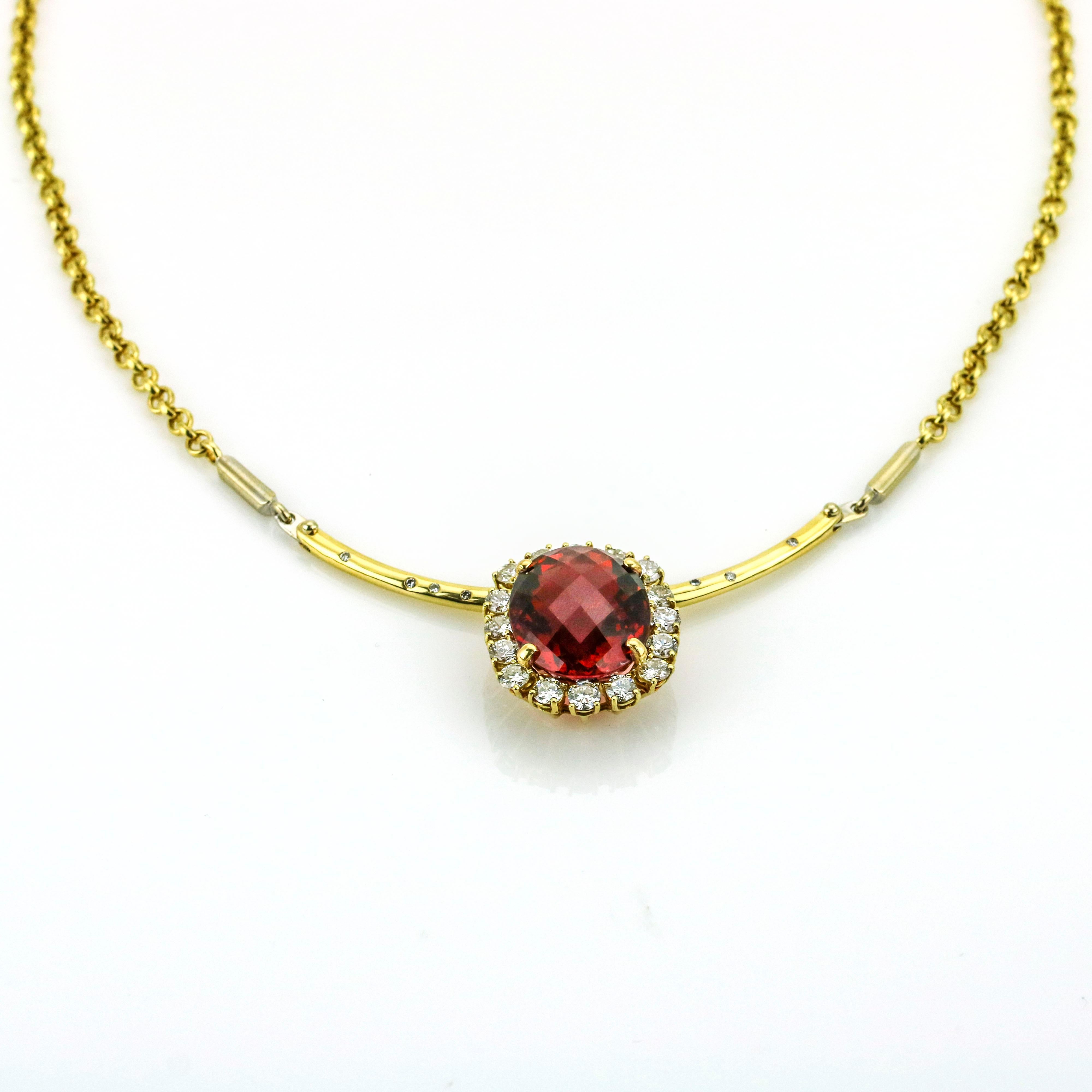 Women's 39.34 Carat 18 Karat Yellow Gold Rubellite Tourmaline Diamond Pendant Necklace For Sale