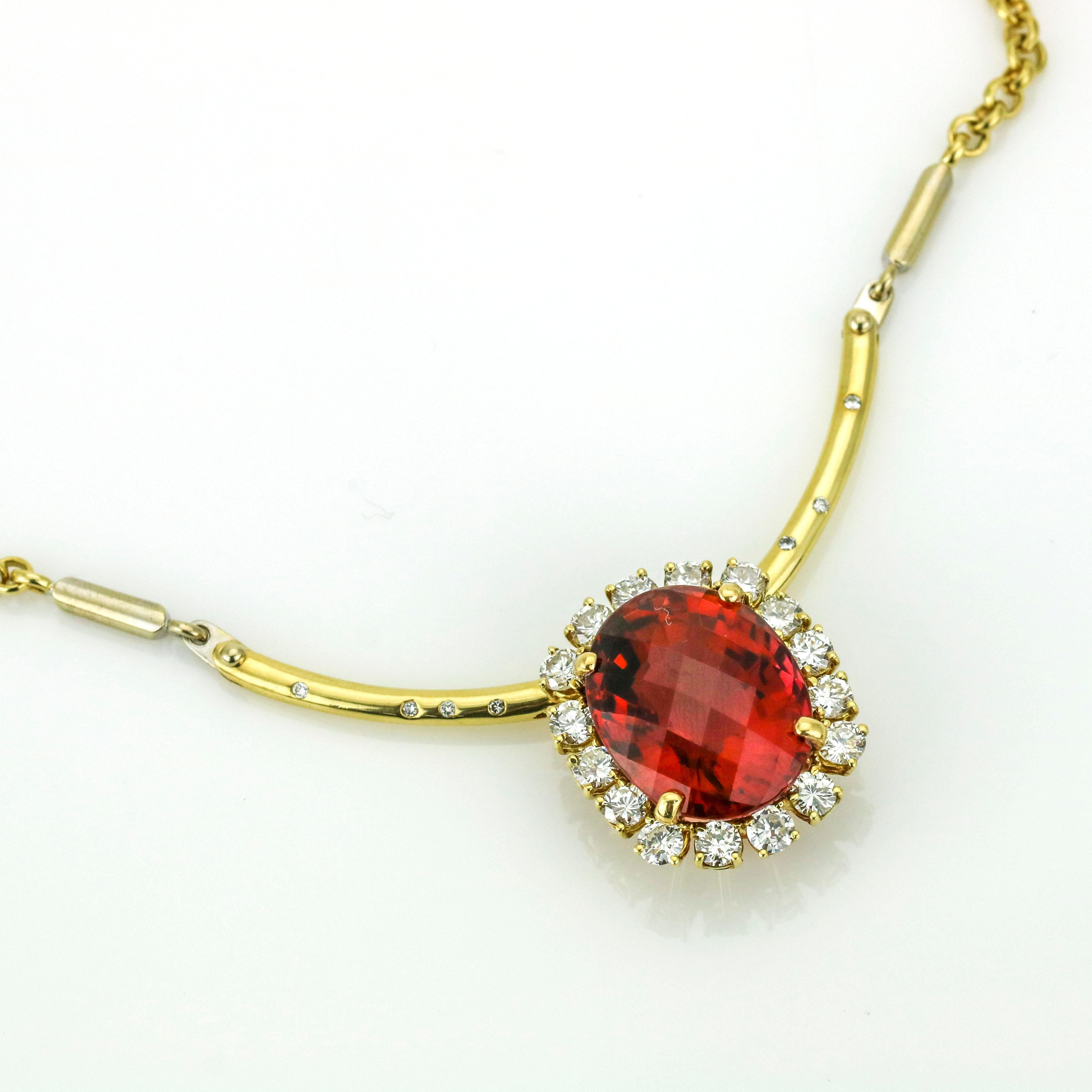 39.34 Carat 18 Karat Yellow Gold Rubellite Tourmaline Diamond Pendant Necklace For Sale 1