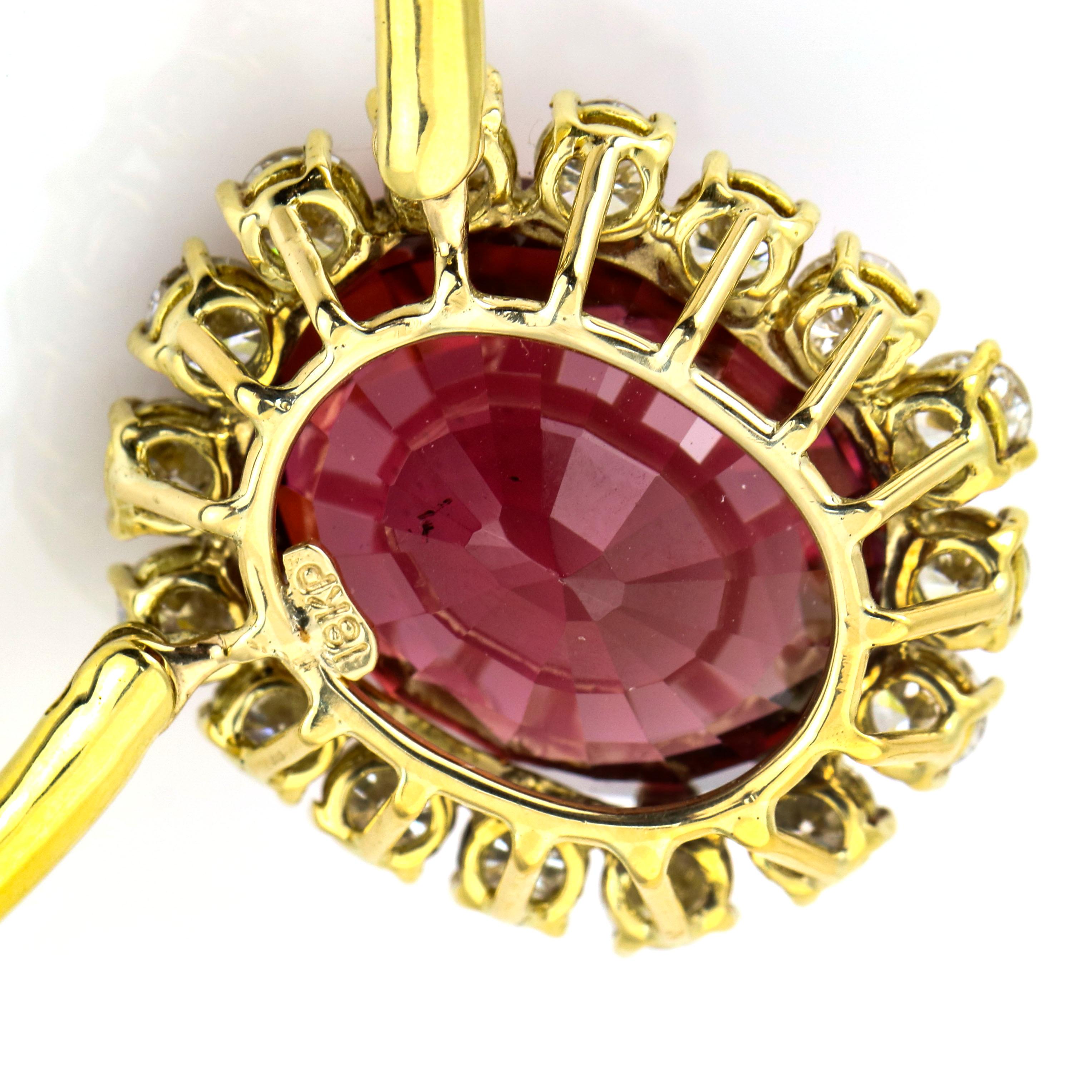 39.34 Carat 18 Karat Yellow Gold Rubellite Tourmaline Diamond Pendant Necklace For Sale 2