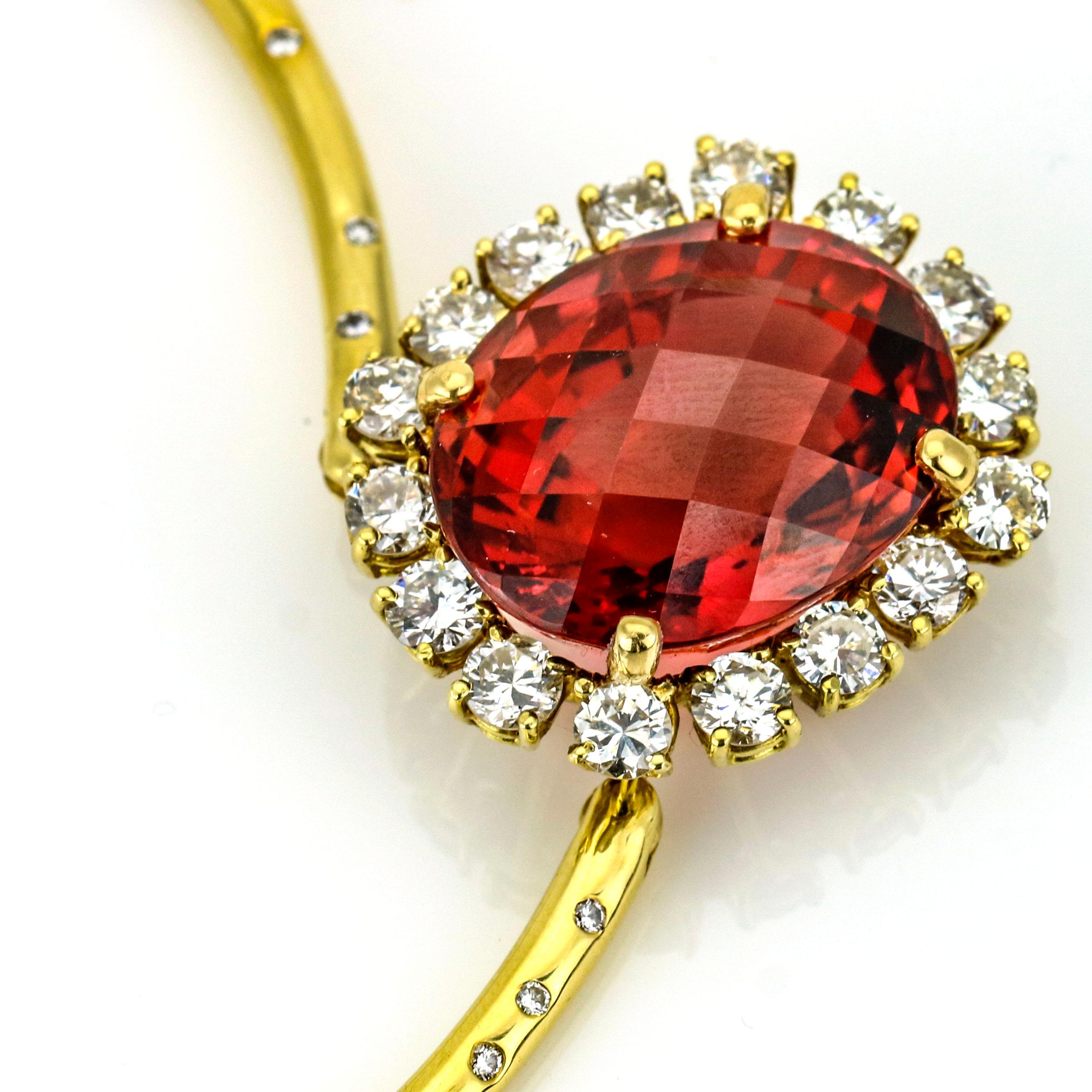 39.34 Carat 18 Karat Yellow Gold Rubellite Tourmaline Diamond Pendant Necklace For Sale 4