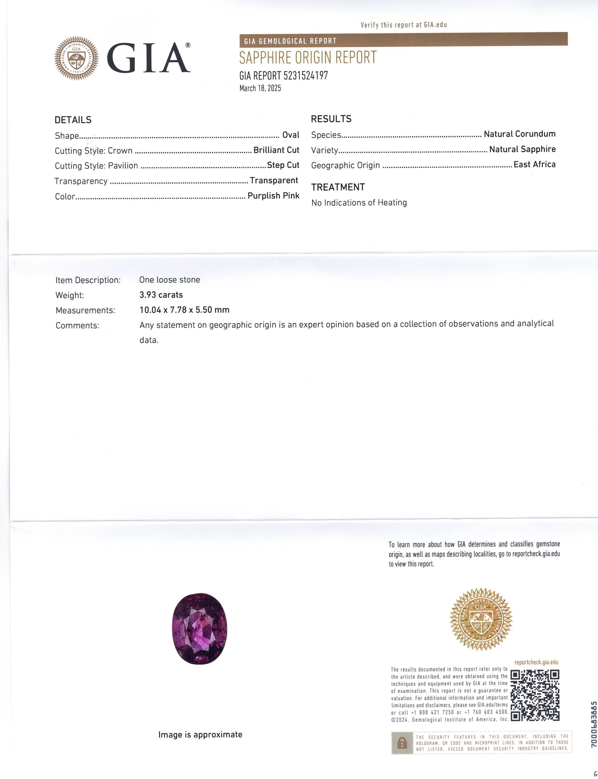 This is a stunning GIA Certified Sapphire 


The GIA report reads as follows:

GIA Report Number: 5231524197
Shape: Oval
Cutting Style: 
Cutting Style: Crown: Brilliant Cut
Cutting Style: Pavilion: Step Cut
Transparency: Transparent
Colour: Purplish