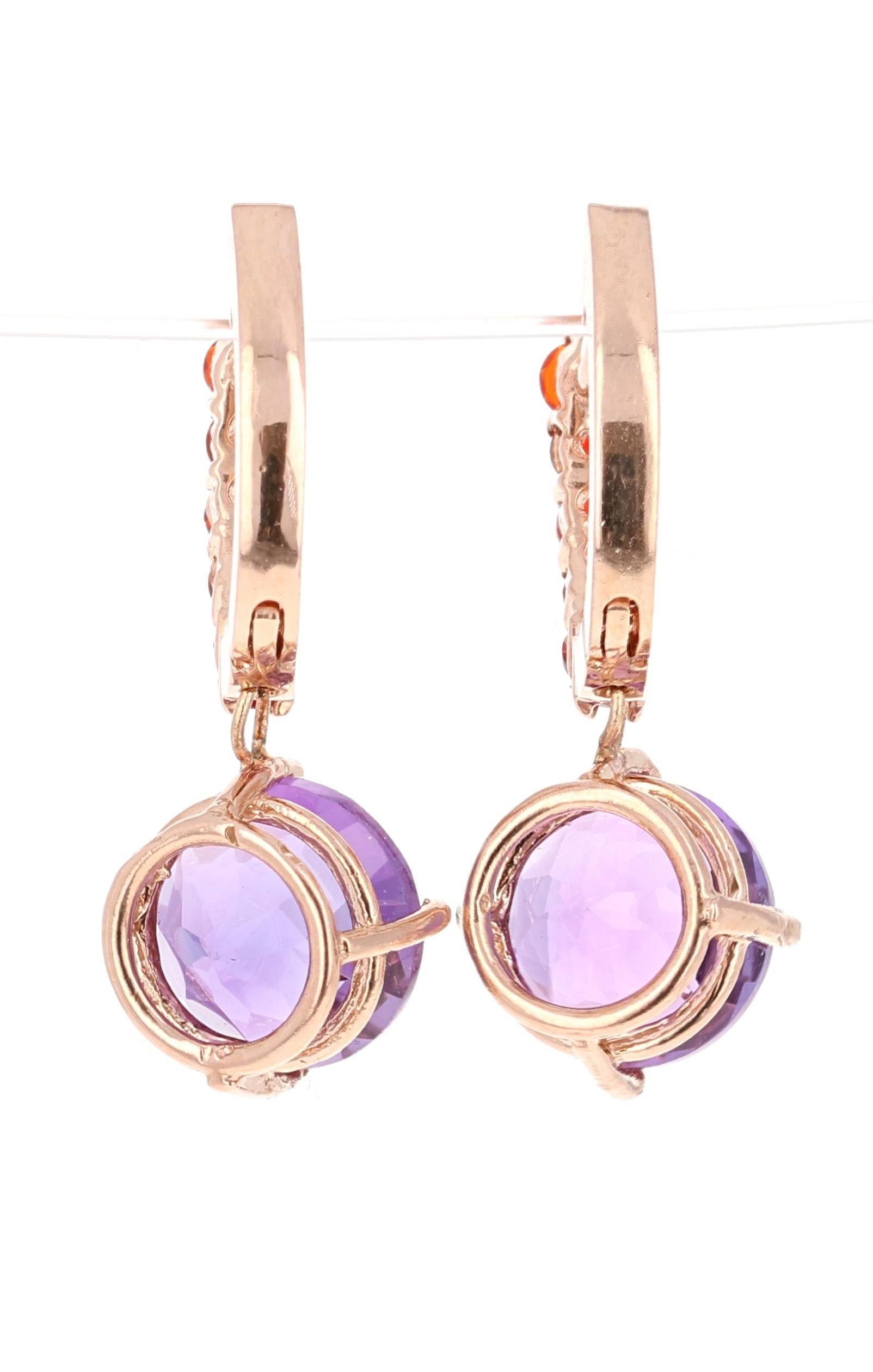 Modern 3.94 Carat Amethyst Fire Opal 14 Karat Rose Gold Drop Earrings