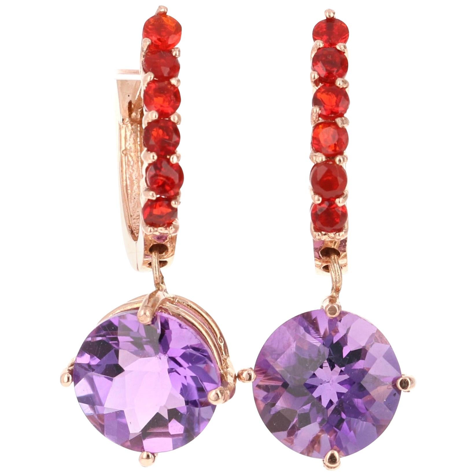 3.94 Carat Amethyst Fire Opal 14 Karat Rose Gold Drop Earrings