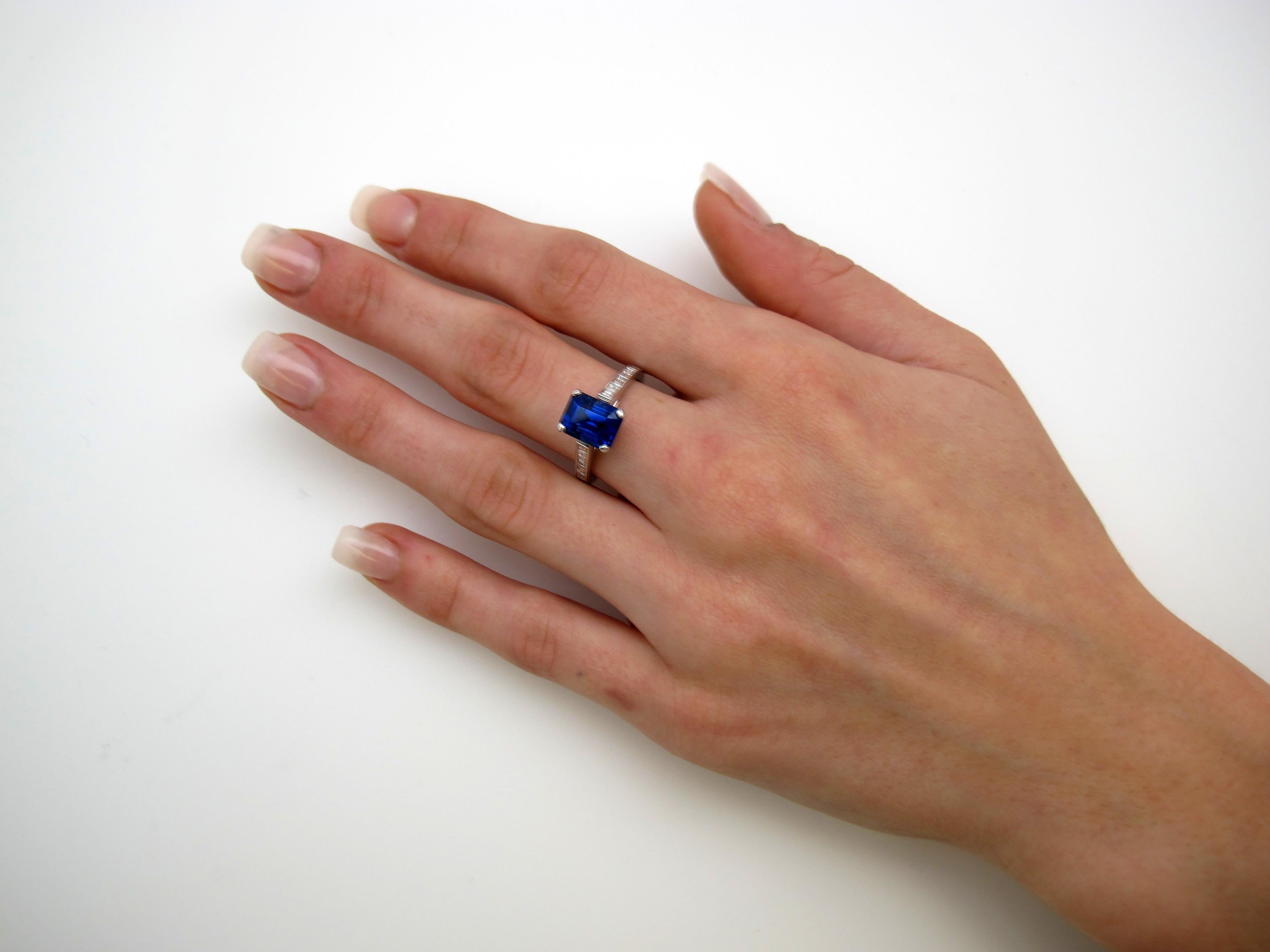 Emerald Cut 3.94 ct. Blue Sapphire & Channel Set Diamond 18k White Gold Engagement Band Ring