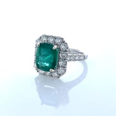 3.94 Carat Emerald Cushion Cut & Diamond Ring in 18K White Gold