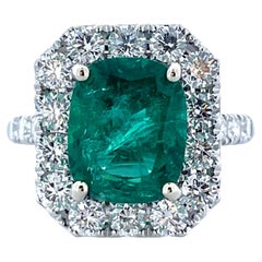 3.94 Carat Emerald Cushion Cut & Diamond Ring in 18K White Gold