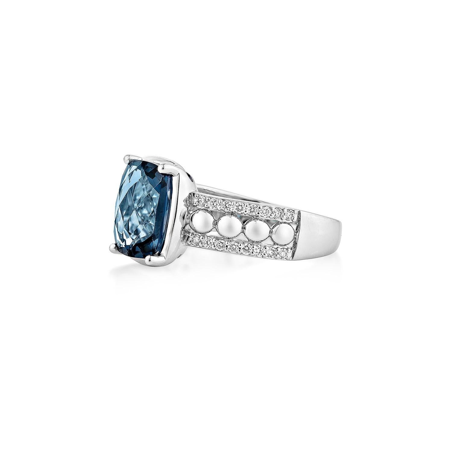 Cushion Cut 3.94 Carat London Blue Topaz Fancy Ring in 18Karat White Gold with Diamond. For Sale