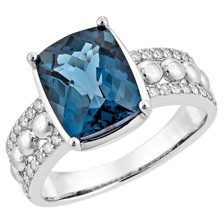 3.94 Carat London Blue Topaz Fancy Ring in 18Karat White Gold with Diamond. For Sale