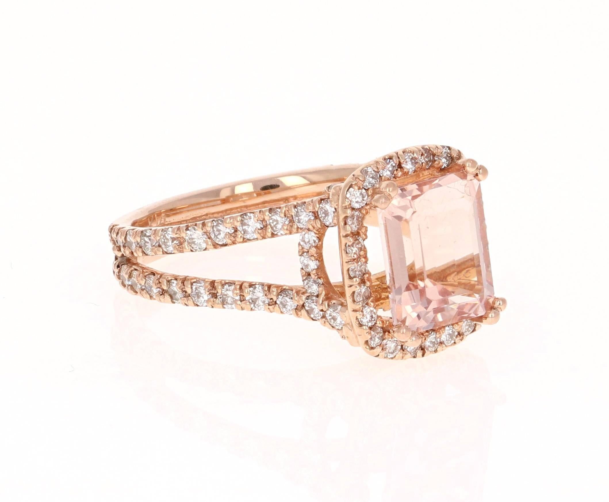 A gorgeous ring that can easily be transformed into an engagement ring for that special someone!  It has a stunning 2.68 carat Emerald cut Morganite set in the center of the ring and has a halo of 92 Round Cut Diamonds that weigh 1.26 carats.  The