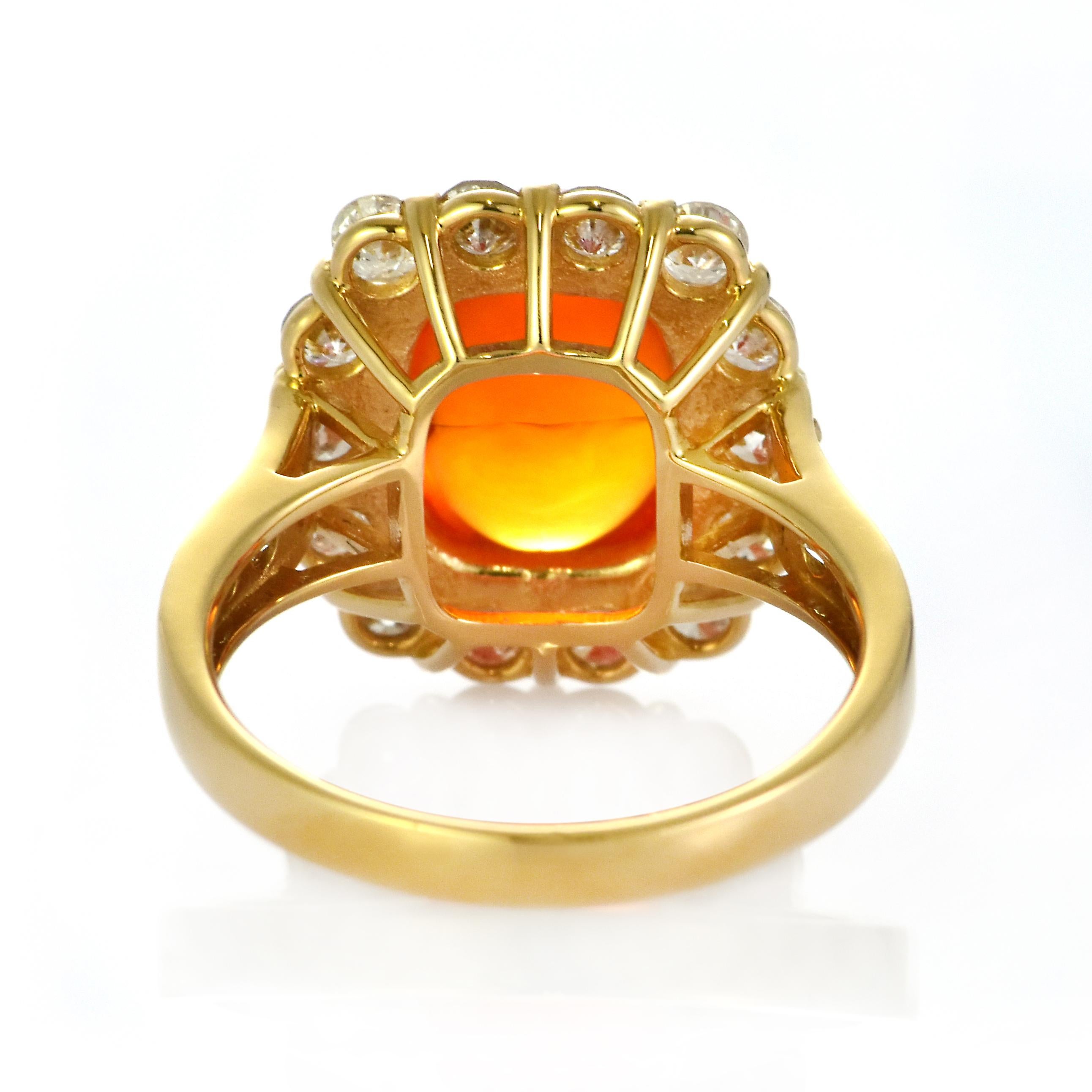 3.94 Carat Natural Caribbean Fire Opal and Diamond Ring Made in 18K Gold For Sale 6
