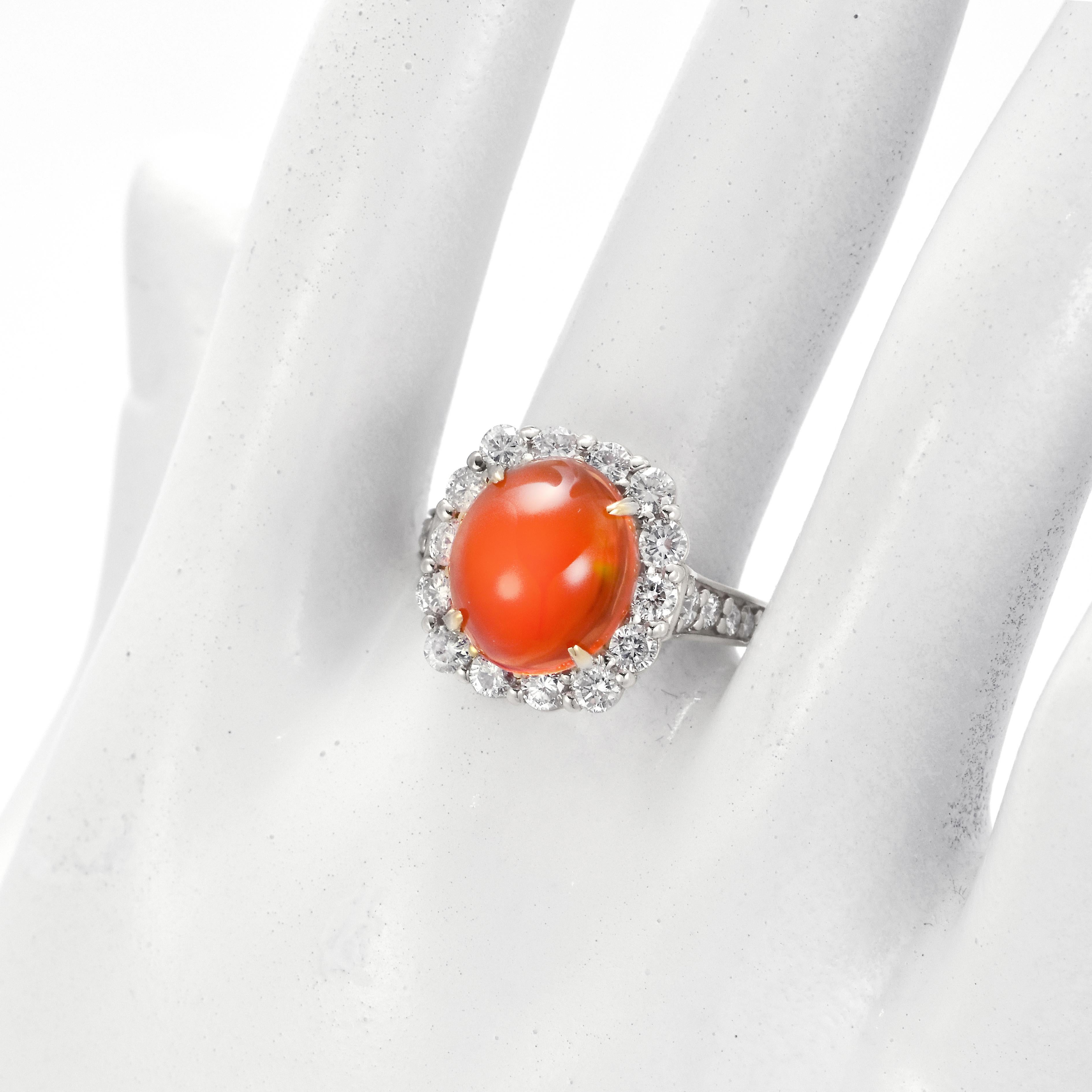 Cabochon 3.94 Carat Natural Caribbean Fire Opal and Diamond Ring Made in 18K Gold For Sale