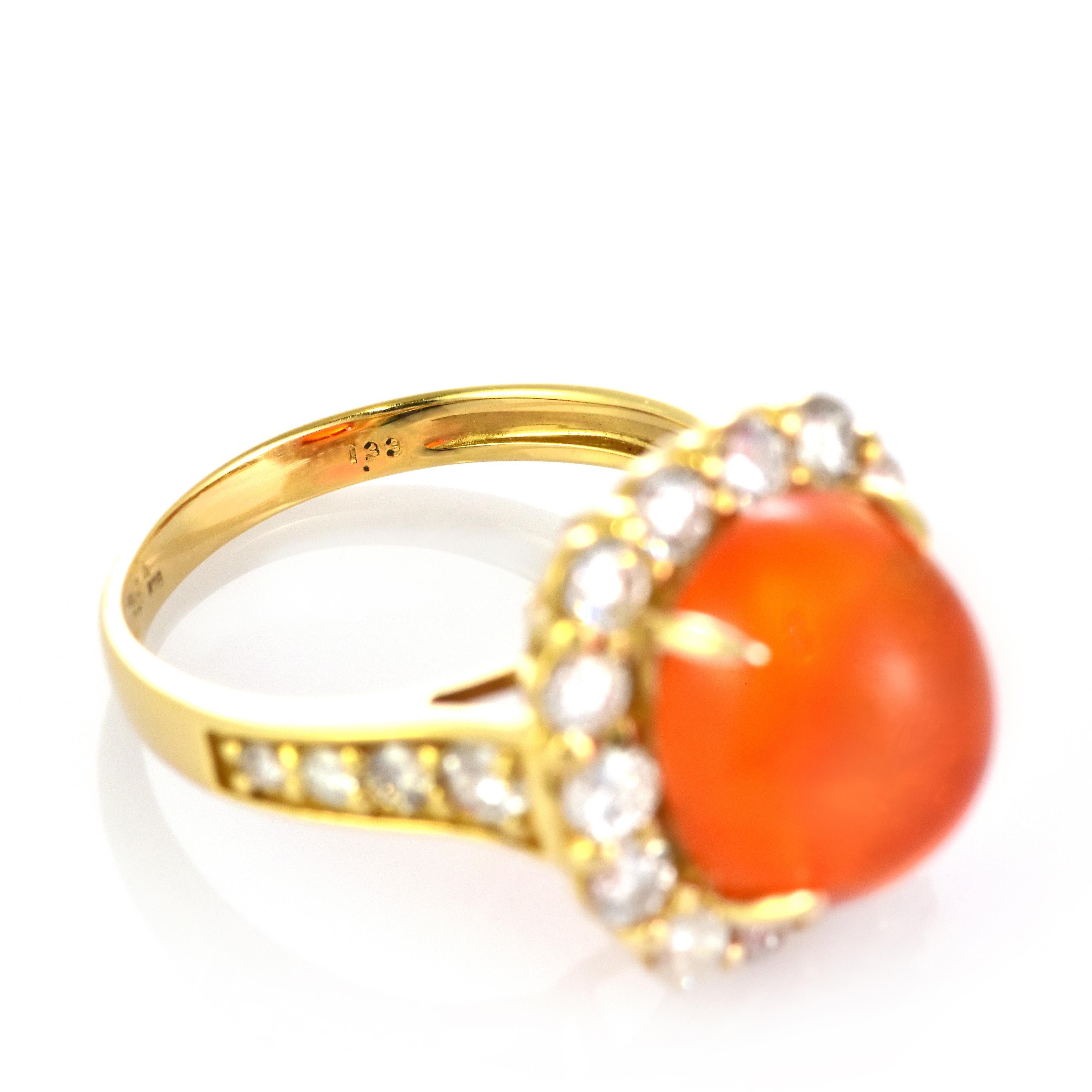Women's 3.94 Carat Natural Caribbean Fire Opal and Diamond Ring Made in 18K Gold For Sale