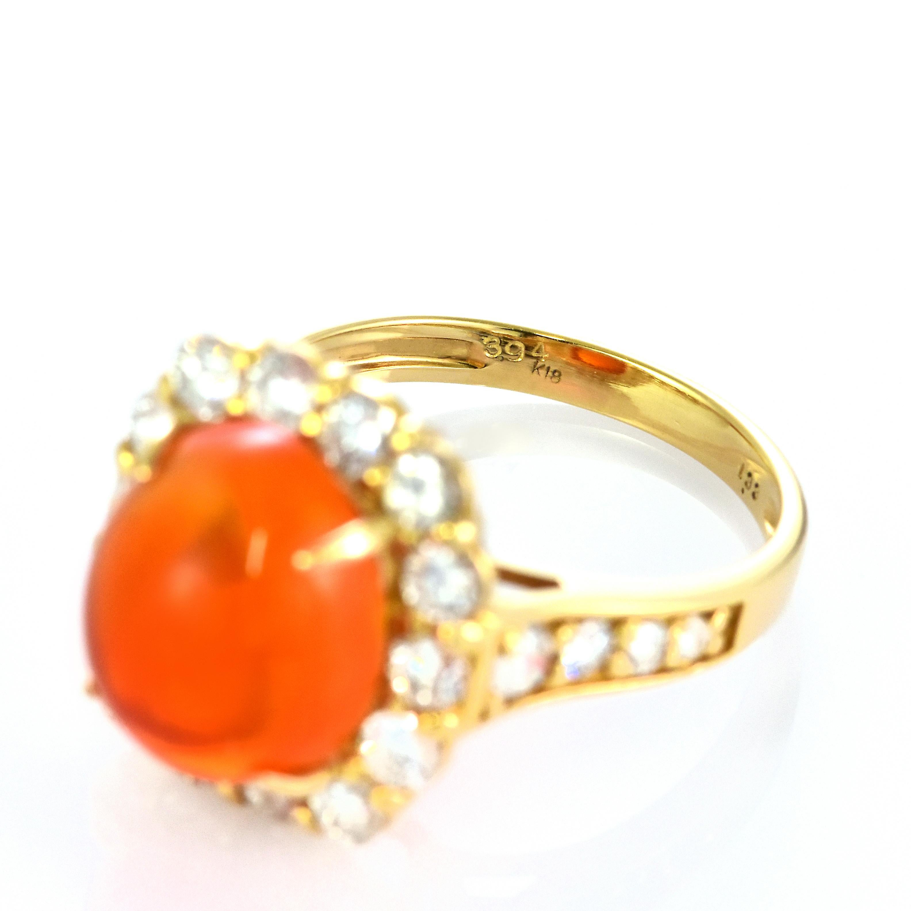 3.94 Carat Natural Caribbean Fire Opal and Diamond Ring Made in 18K Gold For Sale 1