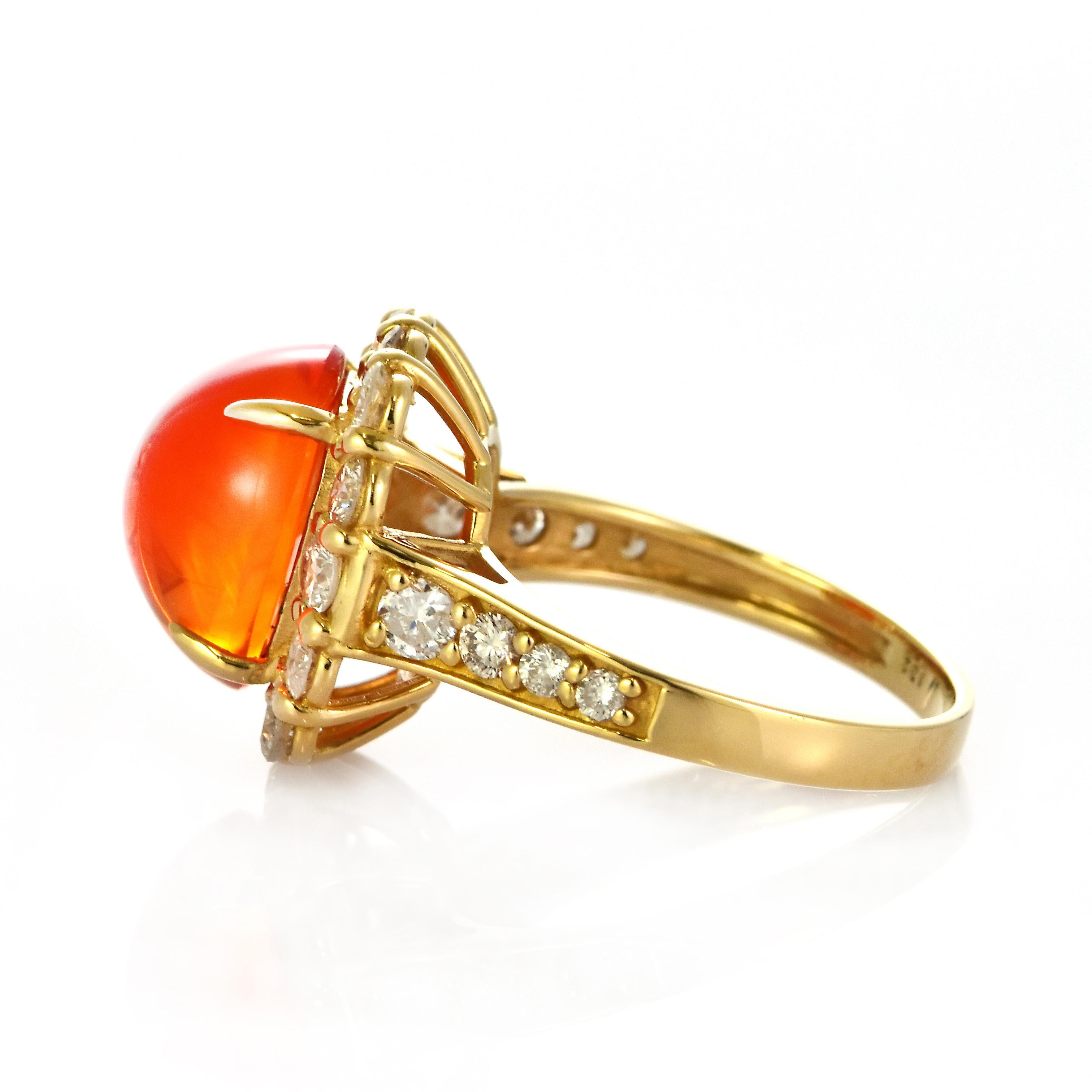 3.94 Carat Natural Caribbean Fire Opal and Diamond Ring Made in 18K Gold For Sale 3