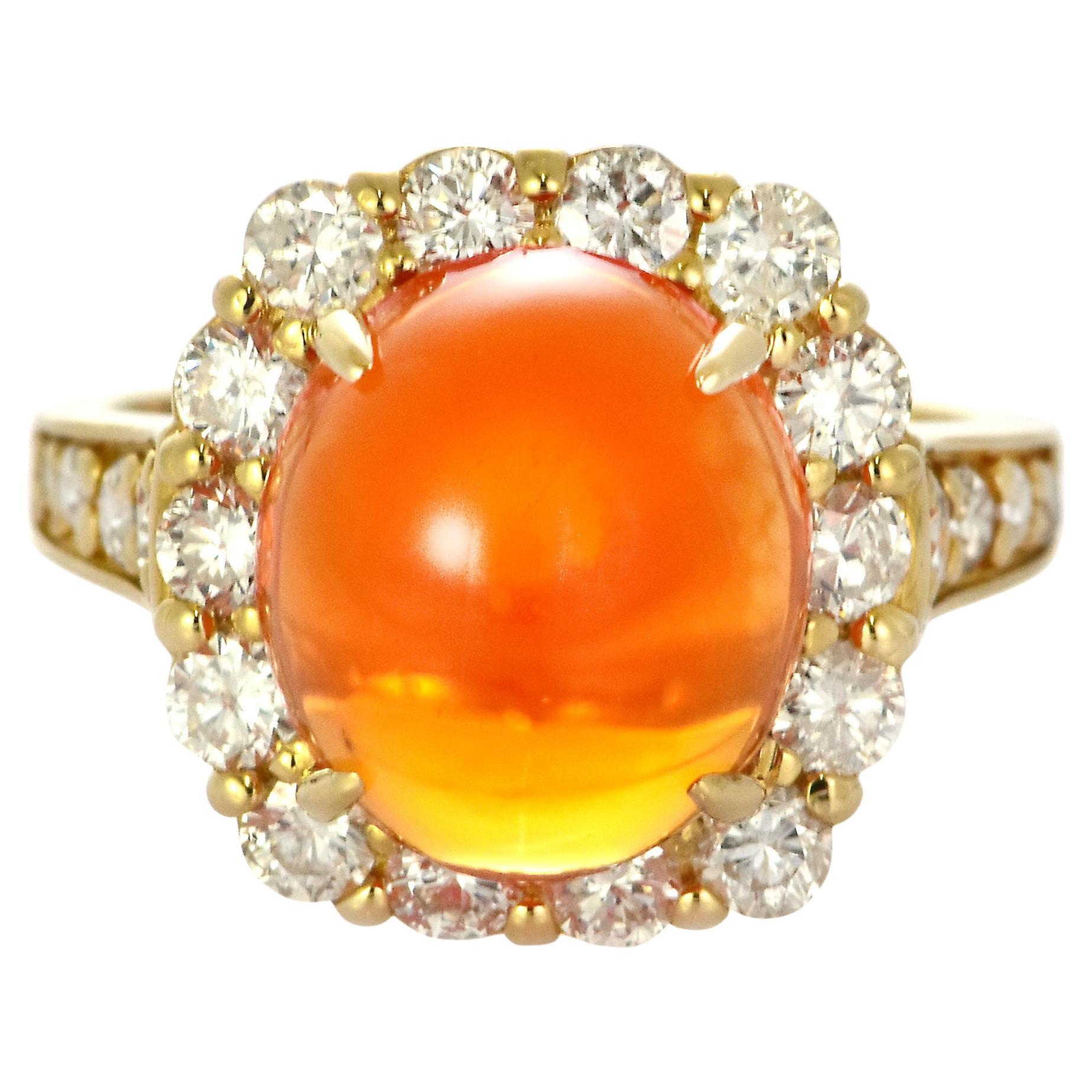 3.94 Carat Natural Caribbean Fire Opal and Diamond Ring Made in 18K Gold