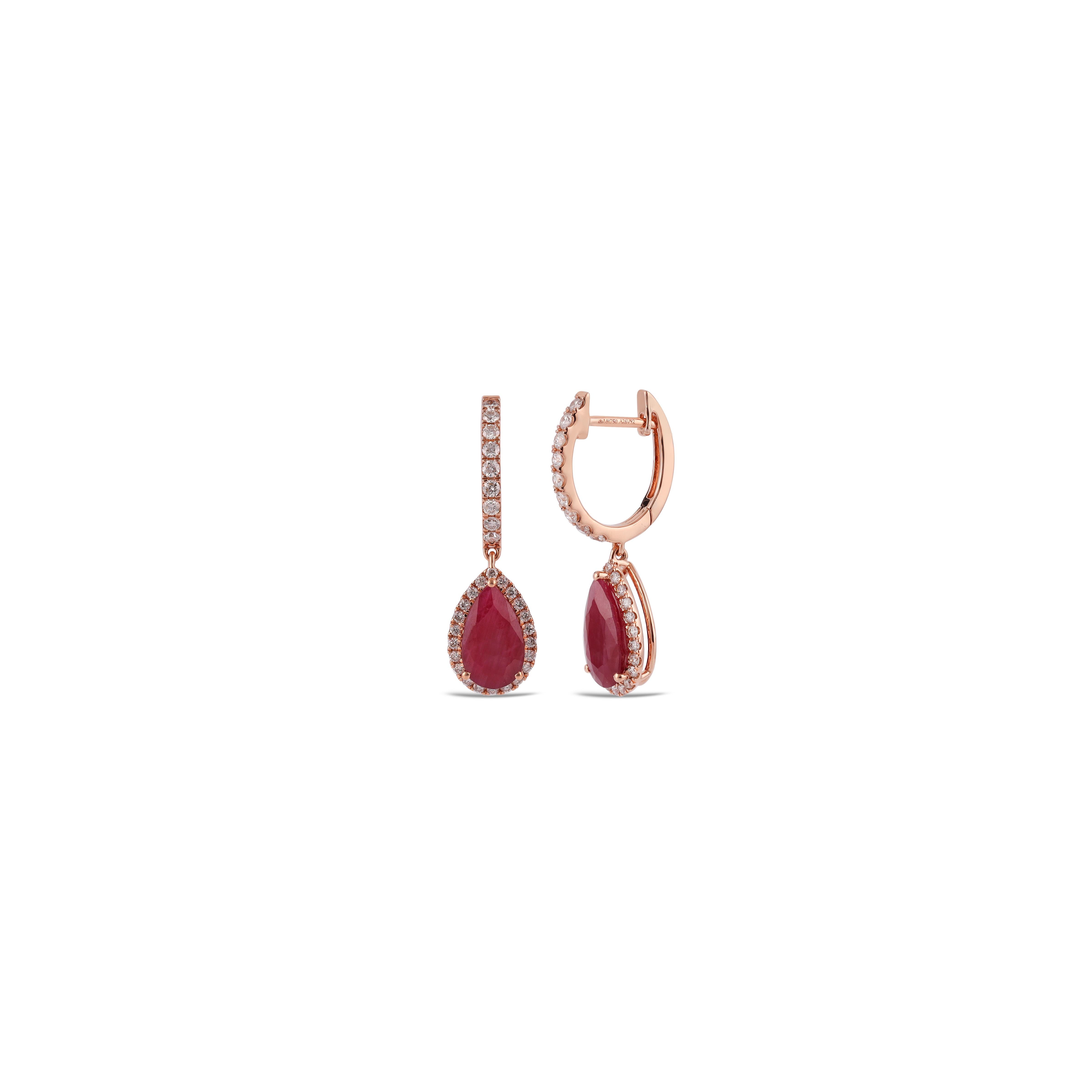 Contemporary 3.94 Carat Ruby & Round Diamonds Drop Earring  For Sale