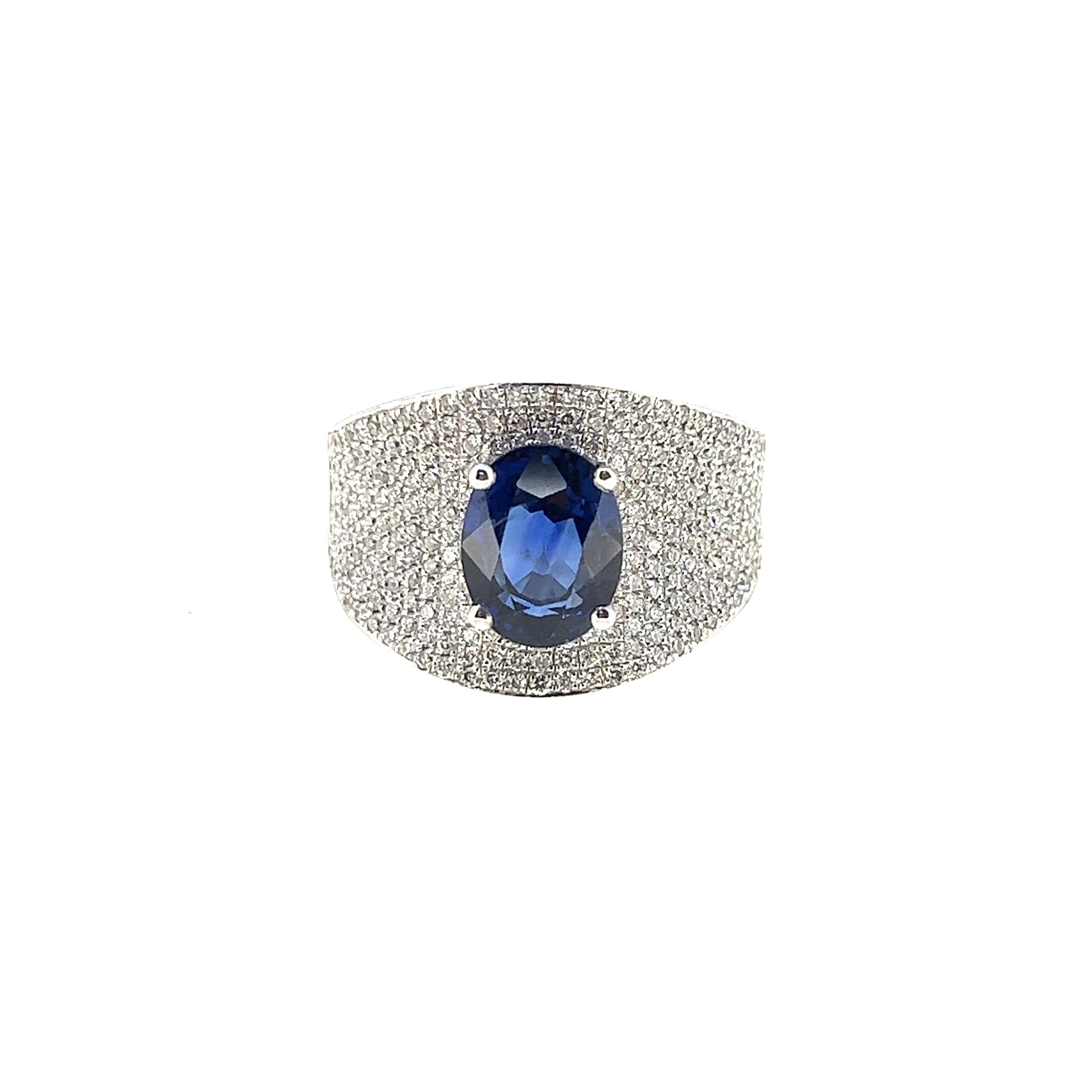 This 3.05 carats oval shaped Sapphire Ring is just simply beautiful. This remarkable piece features 251 pieces of Round Brilliant cut Diamonds weighing 0.89 carats set on 18 Karat White Gold. 

Sapphire: 3.05 carats
Diamond: 0.89 carats
Dimension: 