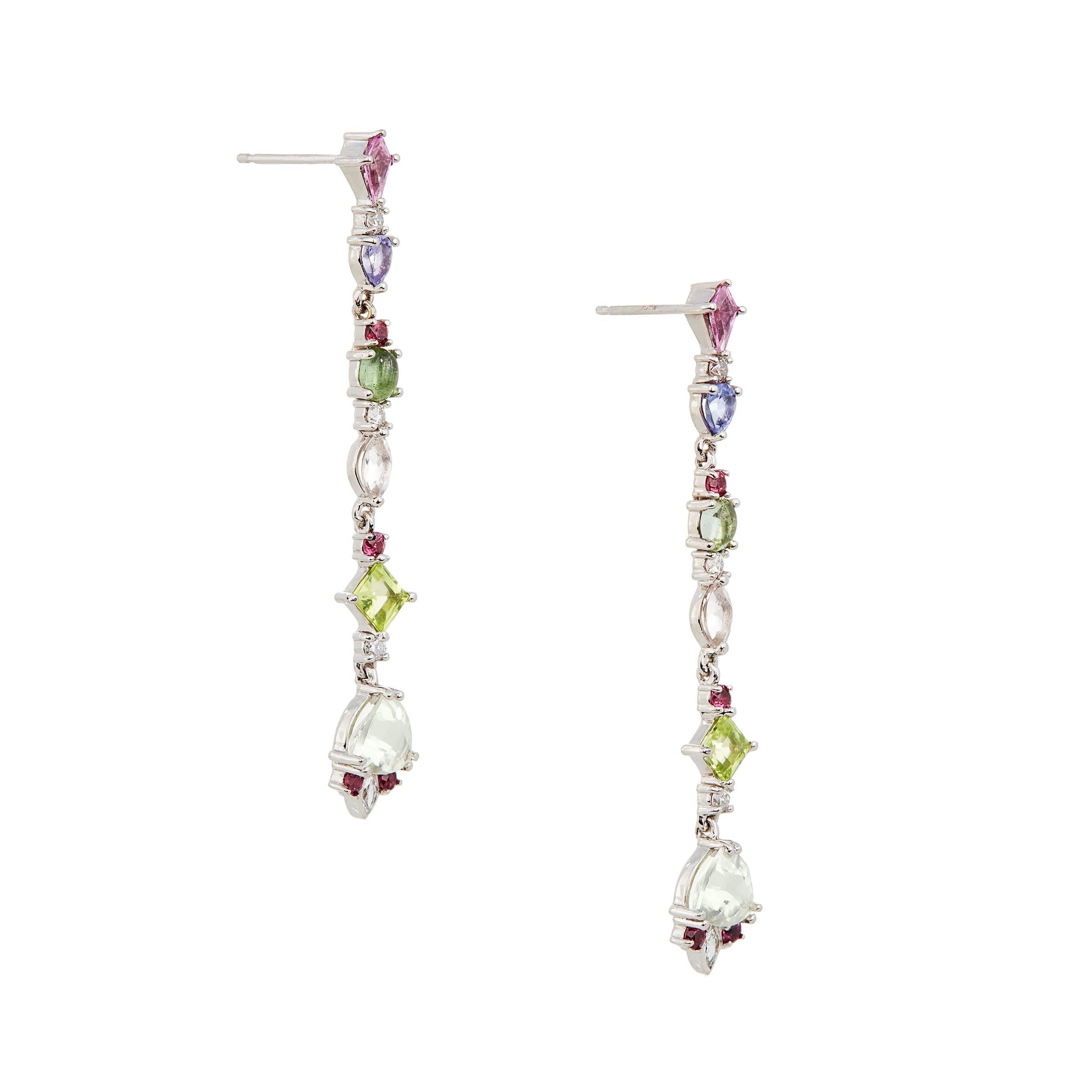 With the combination of 8 different colors of gemstones, there is a feeling of playfulness and fun, which is why we decided to call this set Clementine.  These earrings are light, airy and nothing short of joyful.  The long lines created by 8
