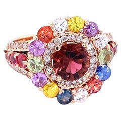 3.94 Carat Tourmaline Diamond Sapphire Cocktail Ring in 14K Rose Gold