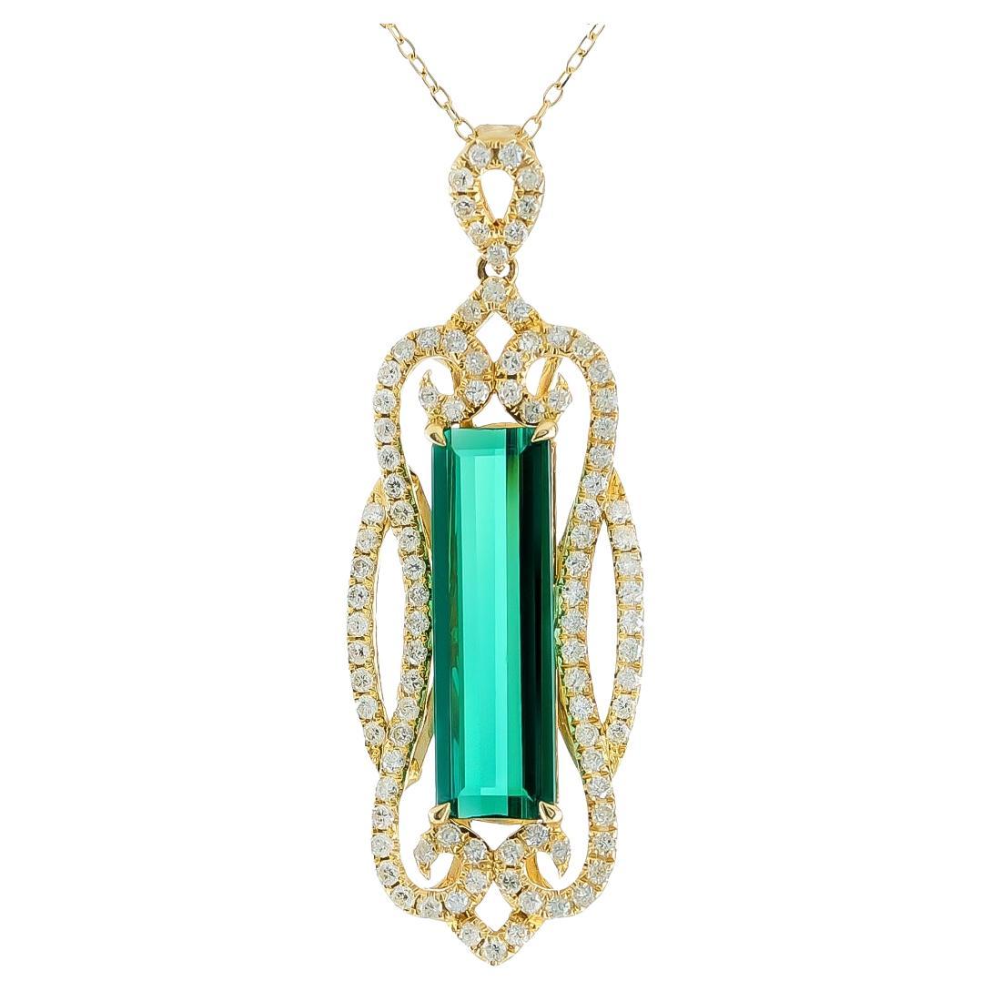 3.94 cts Natural Blue-Green Tourmaline 
0.91 cts Diamonds 14K YG Pendant For Sale
