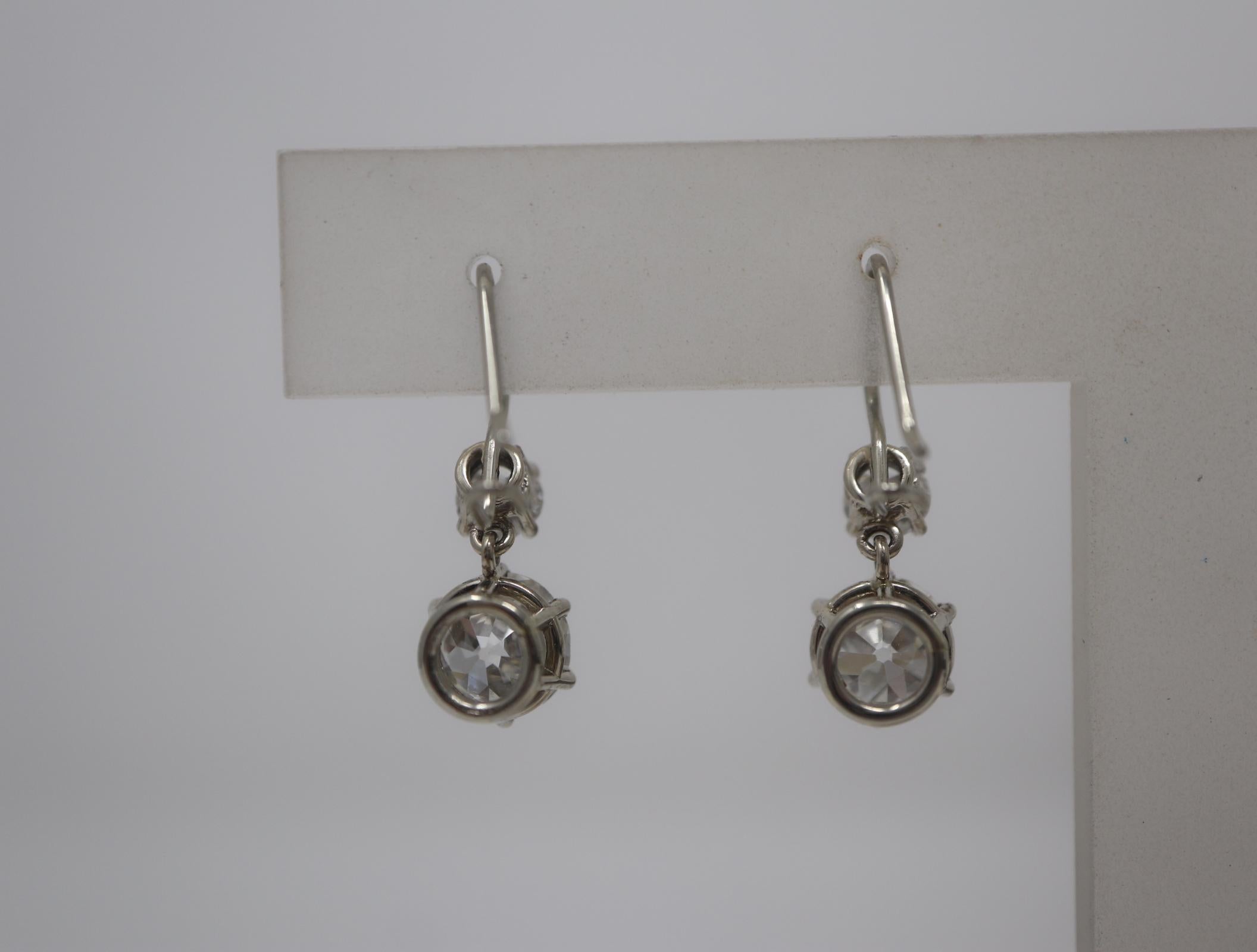 3.94 CTW Old European Cut Diamonds Drop Wire Earrings 14KW In Excellent Condition For Sale In Carmel-by-the-Sea, CA