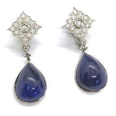 39.40 Carat Blue Cabochon Tanzanite White Gold Drop Earrings and White Diamonds