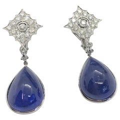 39.40 Carat Blue Cabochon Tanzanite White Gold Drop Earrings and White Diamonds